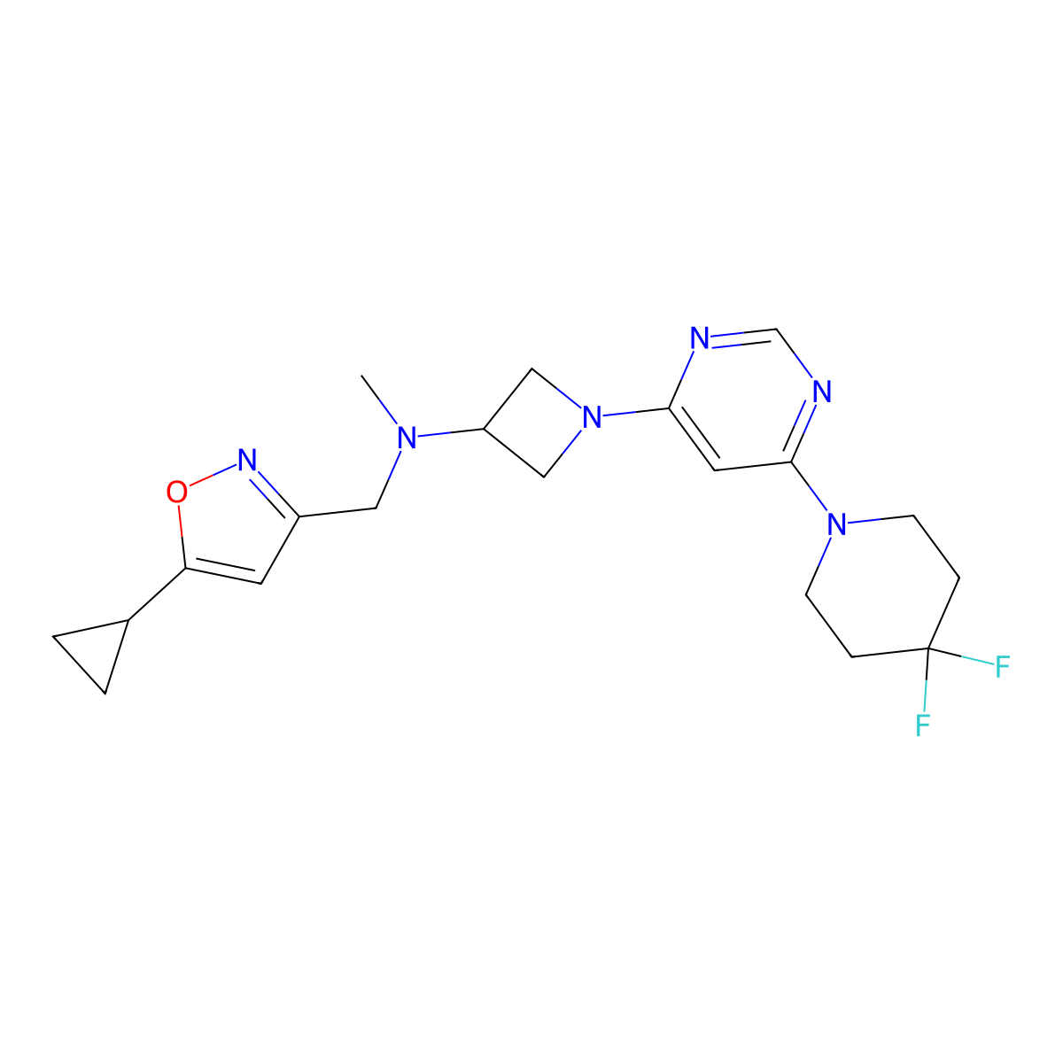N-[(5-cyclopropyl-1,2-oxazol-3-yl)methyl]-1-[6-(4,4-difluoropiperidin-1-yl)pyrimidin-4-yl]-N-methylazetidin-3-amine molecular structure, CAS 3054548-25-0
