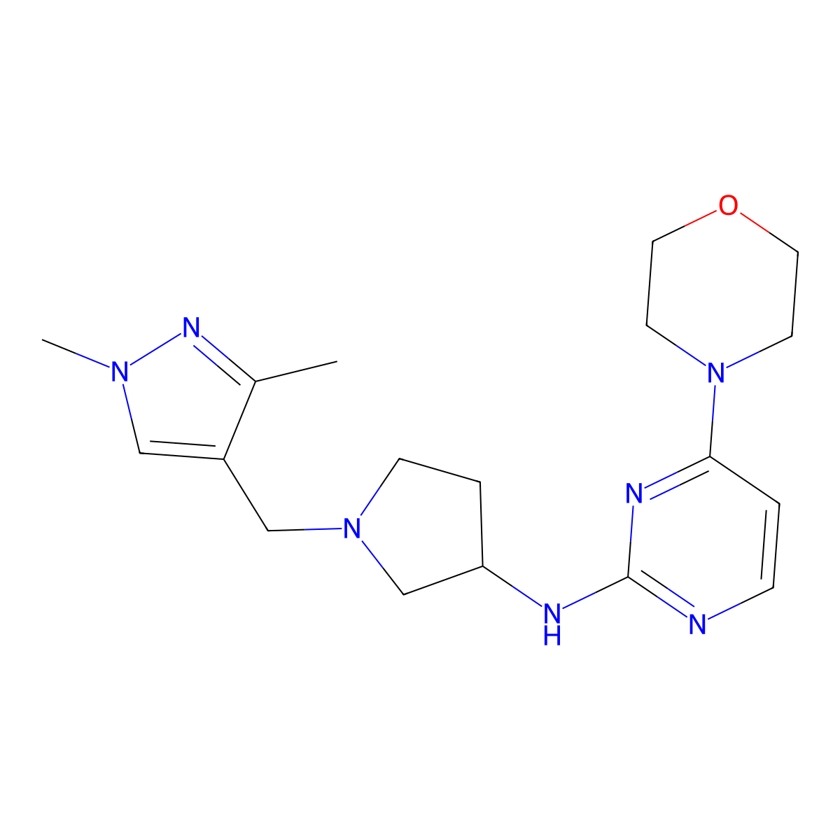 N-{1-[(1,3-dimethyl-1H-pyrazol-4-yl)methyl]pyrrolidin-3-yl}-4-(morpholin-4-yl)pyrimidin-2-amine molecular structure, CAS 3054548-28-3