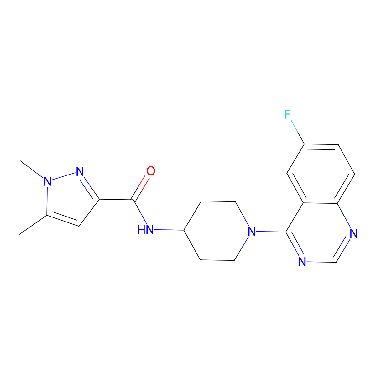 N-[1-(6-fluoroquinazolin-4-yl)piperidin-4-yl]-1,5-dimethyl-1H-pyrazole-3-carboxamide molecular structure, CAS 3054548-34-1