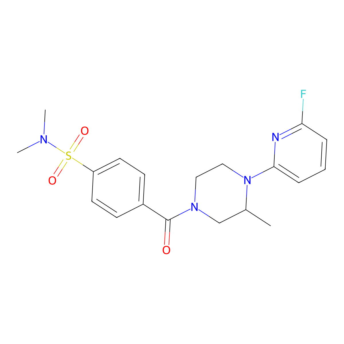 4-[4-(6-fluoropyridin-2-yl)-3-methylpiperazine-1-carbonyl]-N,N-dimethylbenzene-1-sulfonamide molecular structure, CAS 3054548-39-6