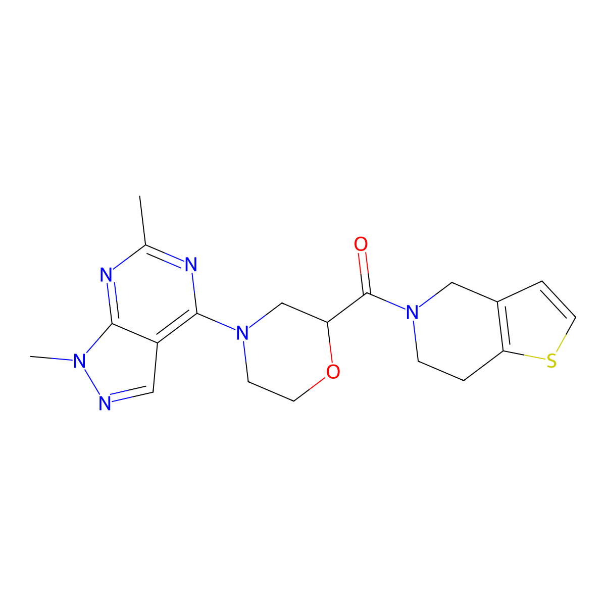 4-{1,6-dimethyl-1H-pyrazolo[3,4-d]pyrimidin-4-yl}-2-{4H,5H,6H,7H-thieno[3,2-c]pyridine-5-carbonyl}morpholine molecular structure, CAS 3054548-45-4