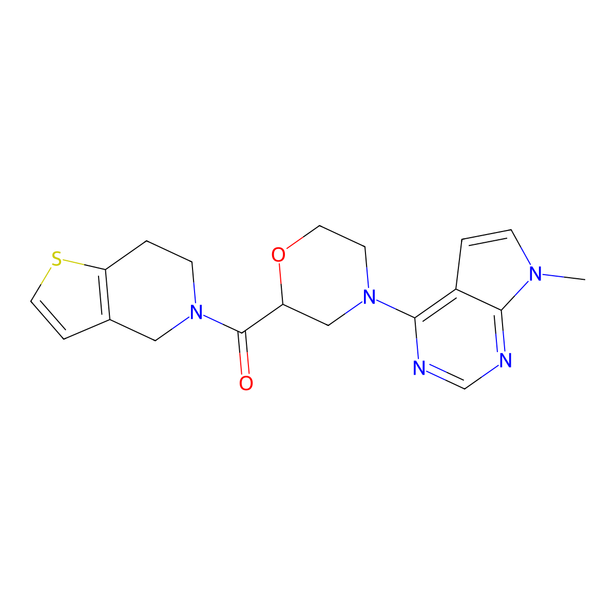4-{7-methyl-7H-pyrrolo[2,3-d]pyrimidin-4-yl}-2-{4H,5H,6H,7H-thieno[3,2-c]pyridine-5-carbonyl}morpholine molecular structure, CAS 3054548-46-5