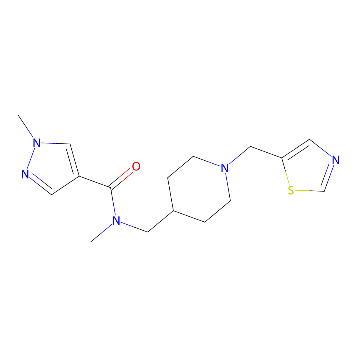 N,1-dimethyl-N-({1-[(1,3-thiazol-5-yl)methyl]piperidin-4-yl}methyl)-1H-pyrazole-4-carboxamide molecular structure, CAS 3054548-53-4