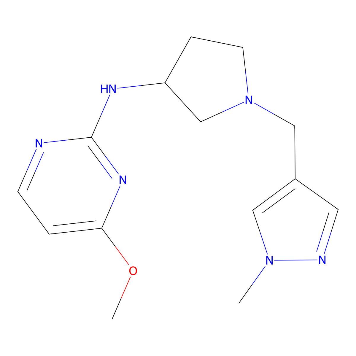 4-methoxy-N-{1-[(1-methyl-1H-pyrazol-4-yl)methyl]pyrrolidin-3-yl}pyrimidin-2-amine molecular structure, CAS 3054548-54-5