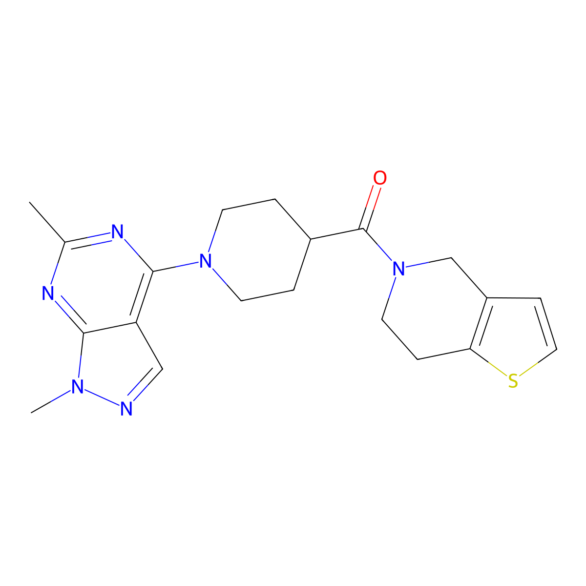 1-{1,6-dimethyl-1H-pyrazolo[3,4-d]pyrimidin-4-yl}-4-{4H,5H,6H,7H-thieno[3,2-c]pyridine-5-carbonyl}piperidine molecular structure, CAS 3054548-56-7