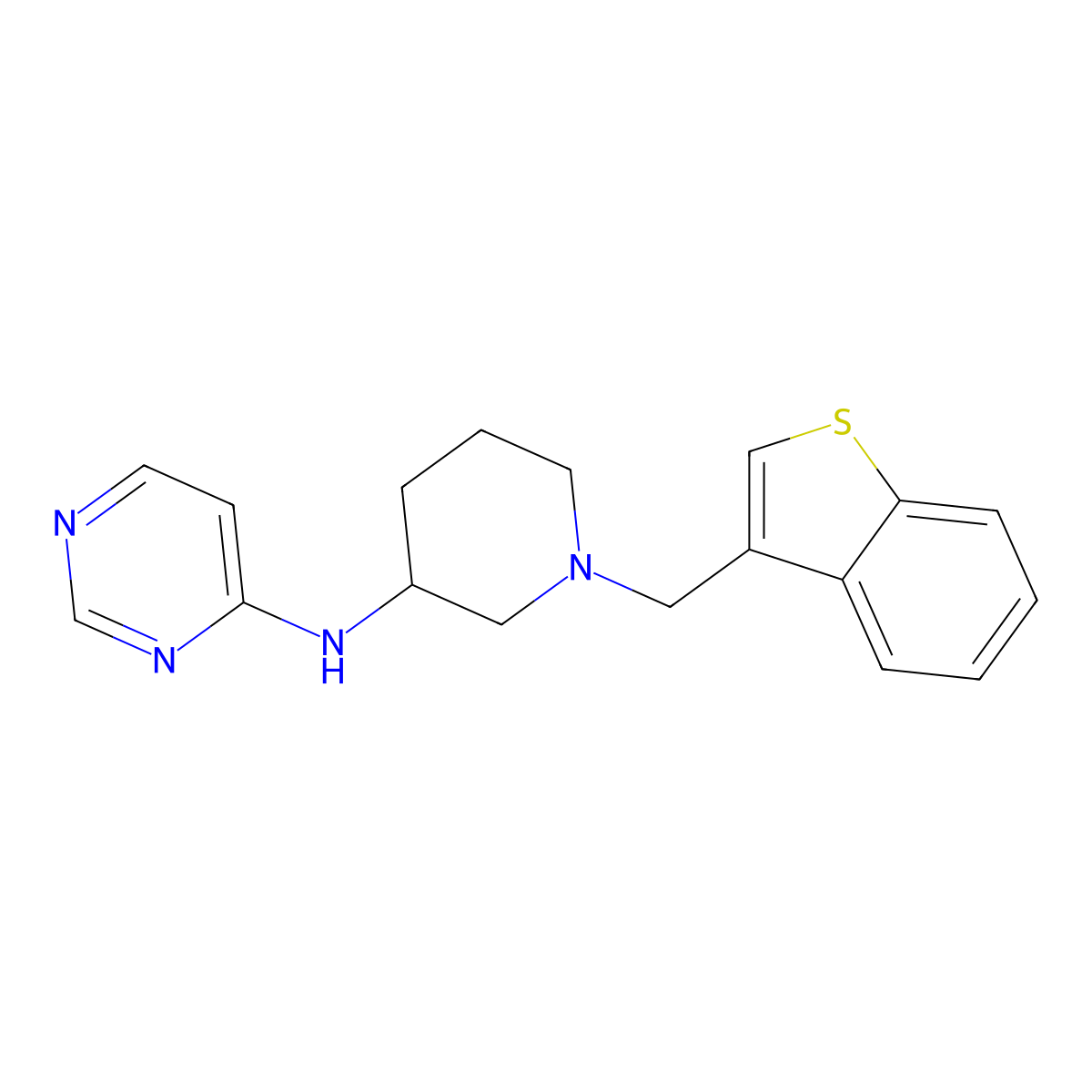 N-{1-[(1-benzothiophen-3-yl)methyl]piperidin-3-yl}pyrimidin-4-amine molecular structure, CAS 3054548-59-0