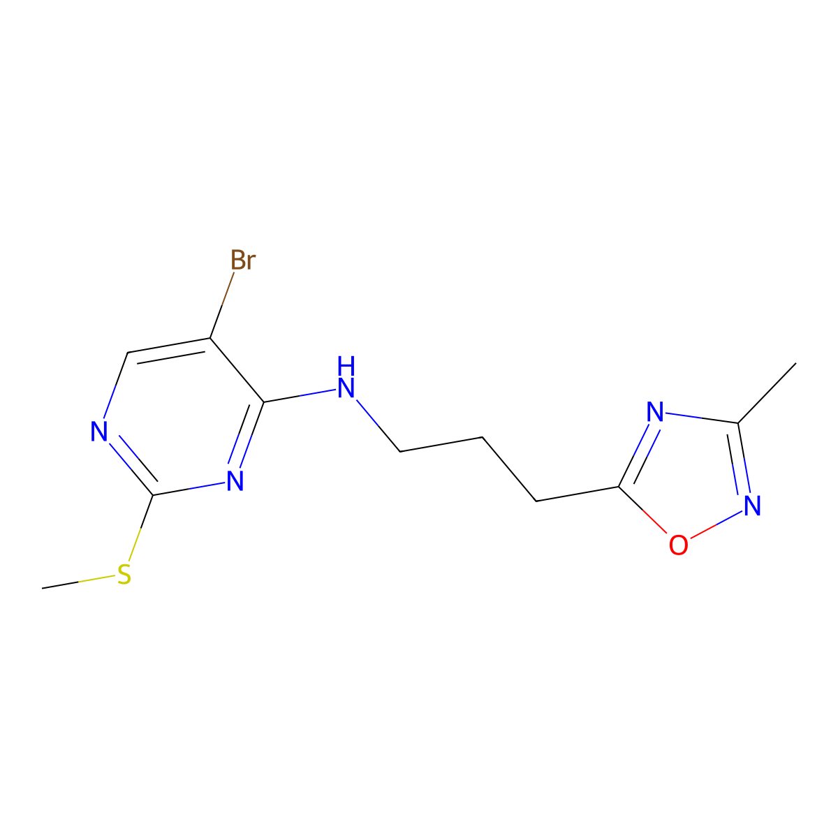 5-bromo-N-[3-(3-methyl-1,2,4-oxadiazol-5-yl)propyl]-2-(methylsulfanyl)pyrimidin-4-amine molecular structure, CAS 3054548-64-7