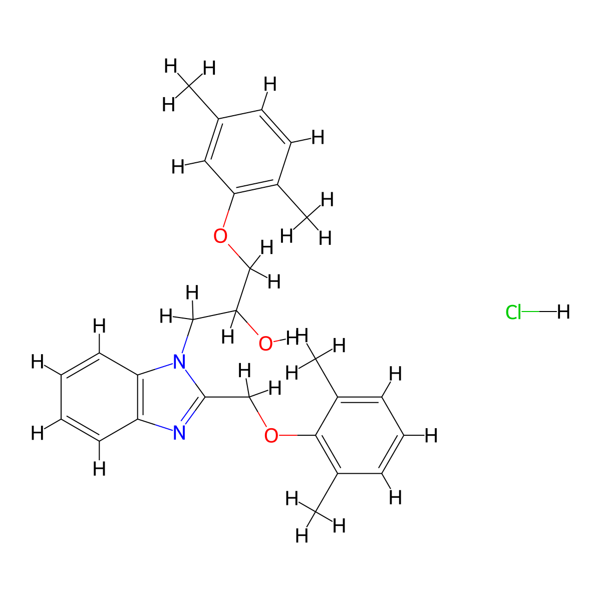 1-(2,5-dimethylphenoxy)-3-{2-[(2,6-dimethylphenoxy)methyl]-1H-1,3-benzodiazol-1-yl}propan-2-ol hydrochloride molecular structure, CAS 3054548-67-0