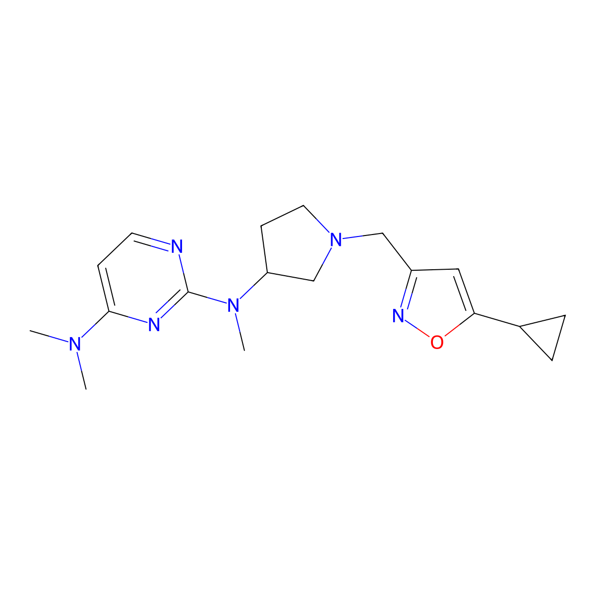N2-{1-[(5-cyclopropyl-1,2-oxazol-3-yl)methyl]pyrrolidin-3-yl}-N2,N4,N4-trimethylpyrimidine-2,4-diamine molecular structure, CAS 3054548-71-6