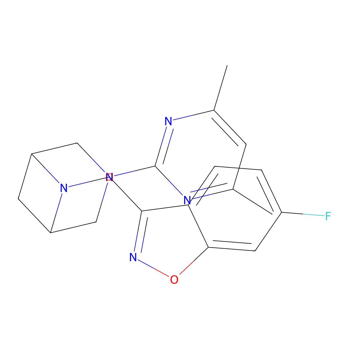 3-{[3-(4,6-Dimethylpyrimidin-2-yl)-3,6-diazabicyclo[3.1.1]heptan-6-yl]methyl}-6-fluoro-1,2-benzoxazole molecular structure, CAS 3054548-73-8