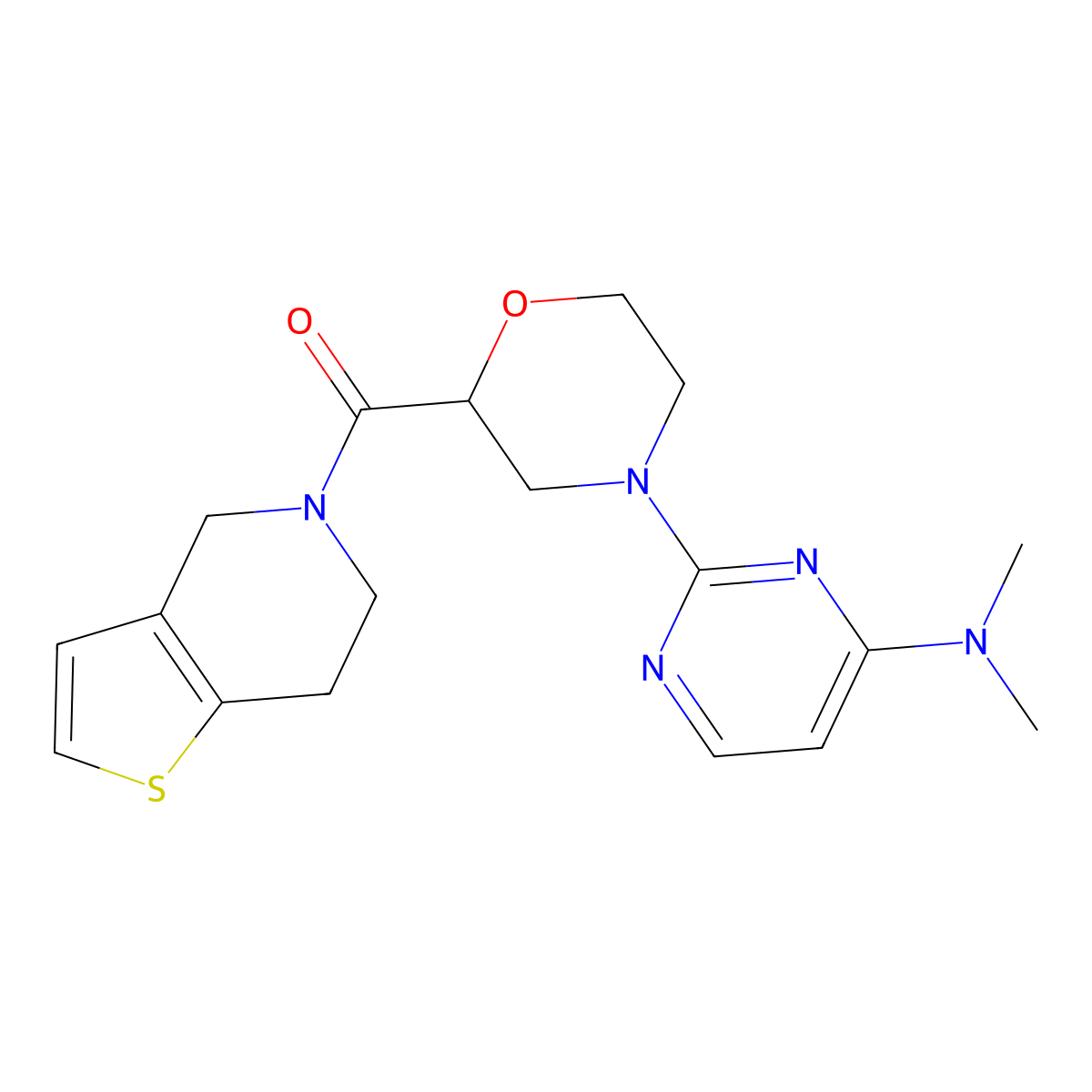 N,N-dimethyl-2-(2-{4H,5H,6H,7H-thieno[3,2-c]pyridine-5-carbonyl}morpholin-4-yl)pyrimidin-4-amine molecular structure, CAS 3054548-75-0
