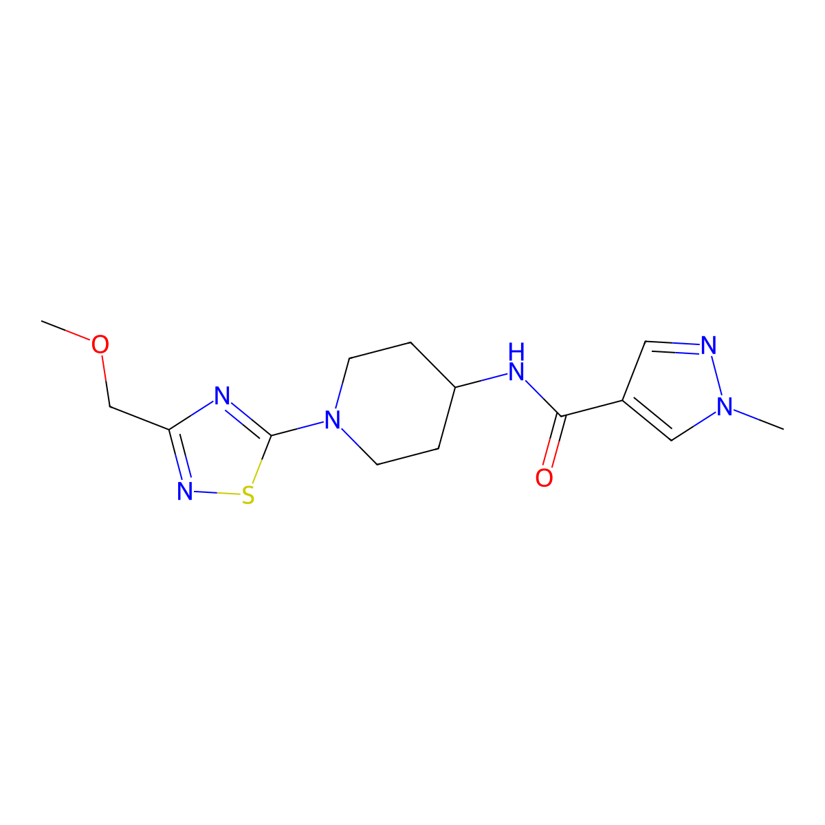 N-{1-[3-(methoxymethyl)-1,2,4-thiadiazol-5-yl]piperidin-4-yl}-1-methyl-1H-pyrazole-4-carboxamide molecular structure, CAS 3054548-84-1