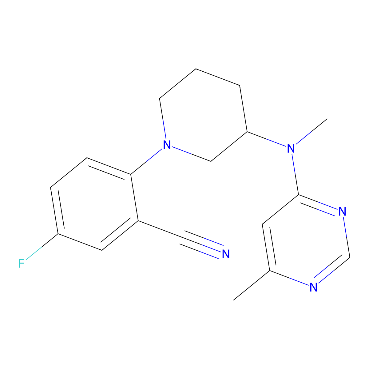 5-Fluoro-2-{3-[methyl(6-methylpyrimidin-4-yl)amino]piperidin-1-yl}benzonitrile molecular structure, CAS 3054549-08-2