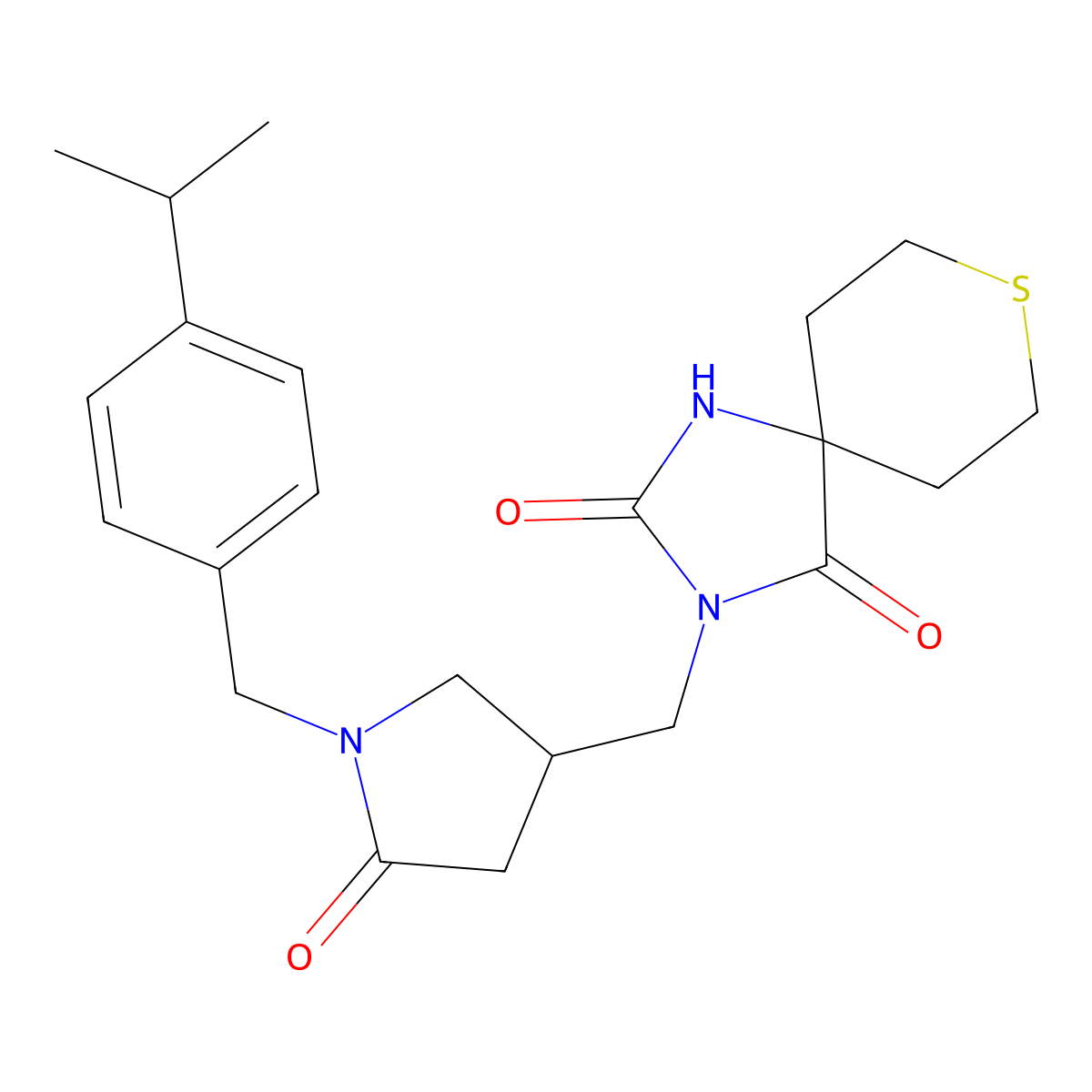 3-[(5-Oxo-1-{[4-(propan-2-yl)phenyl]methyl}pyrrolidin-3-yl)methyl]-8-thia-1,3-diazaspiro[4.5]decane-2,4-dione molecular structure, CAS 3054549-21-9