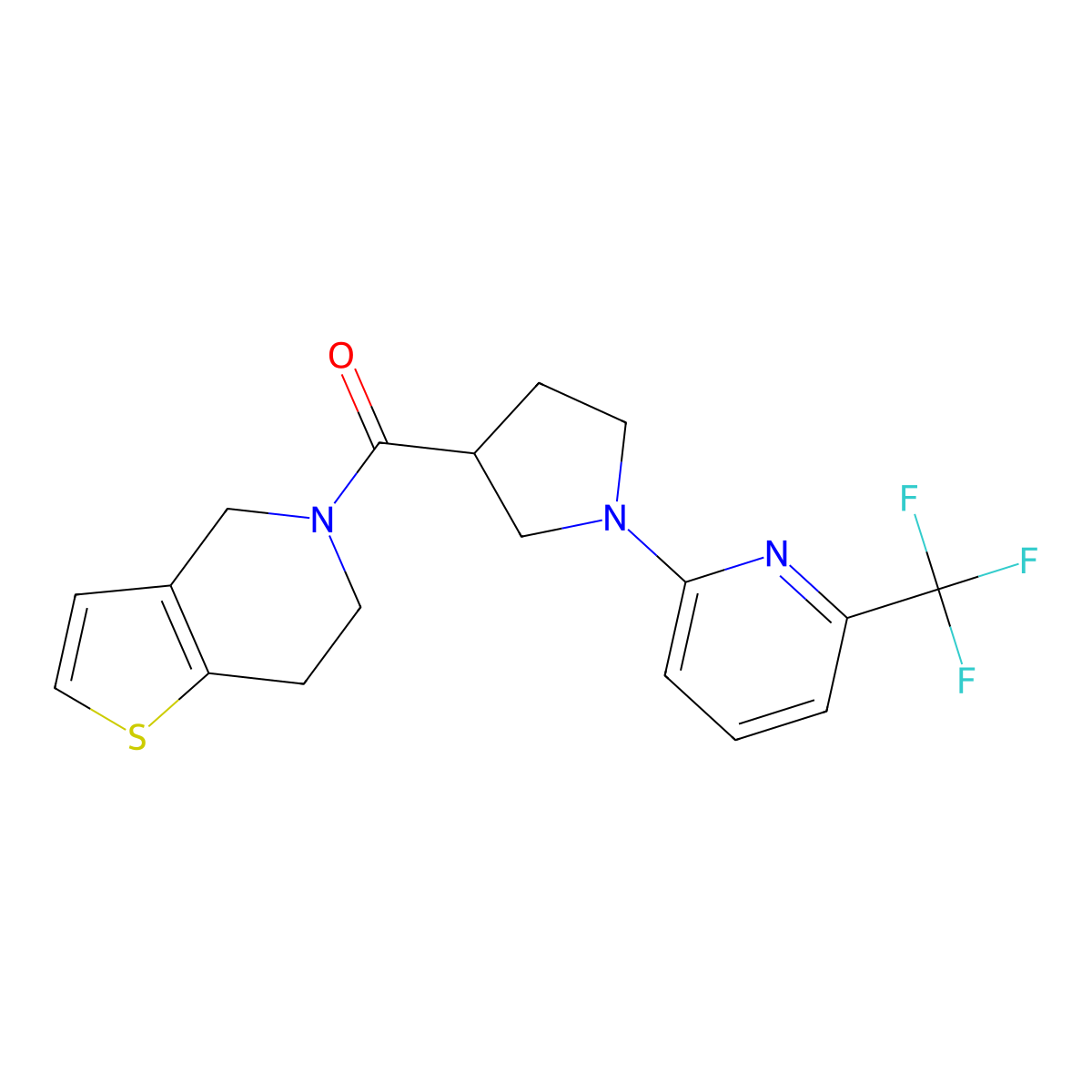 2-(3-{4H,5H,6H,7H-thieno[3,2-c]pyridine-5-carbonyl}pyrrolidin-1-yl)-6-(trifluoromethyl)pyridine molecular structure, CAS 3054549-24-2
