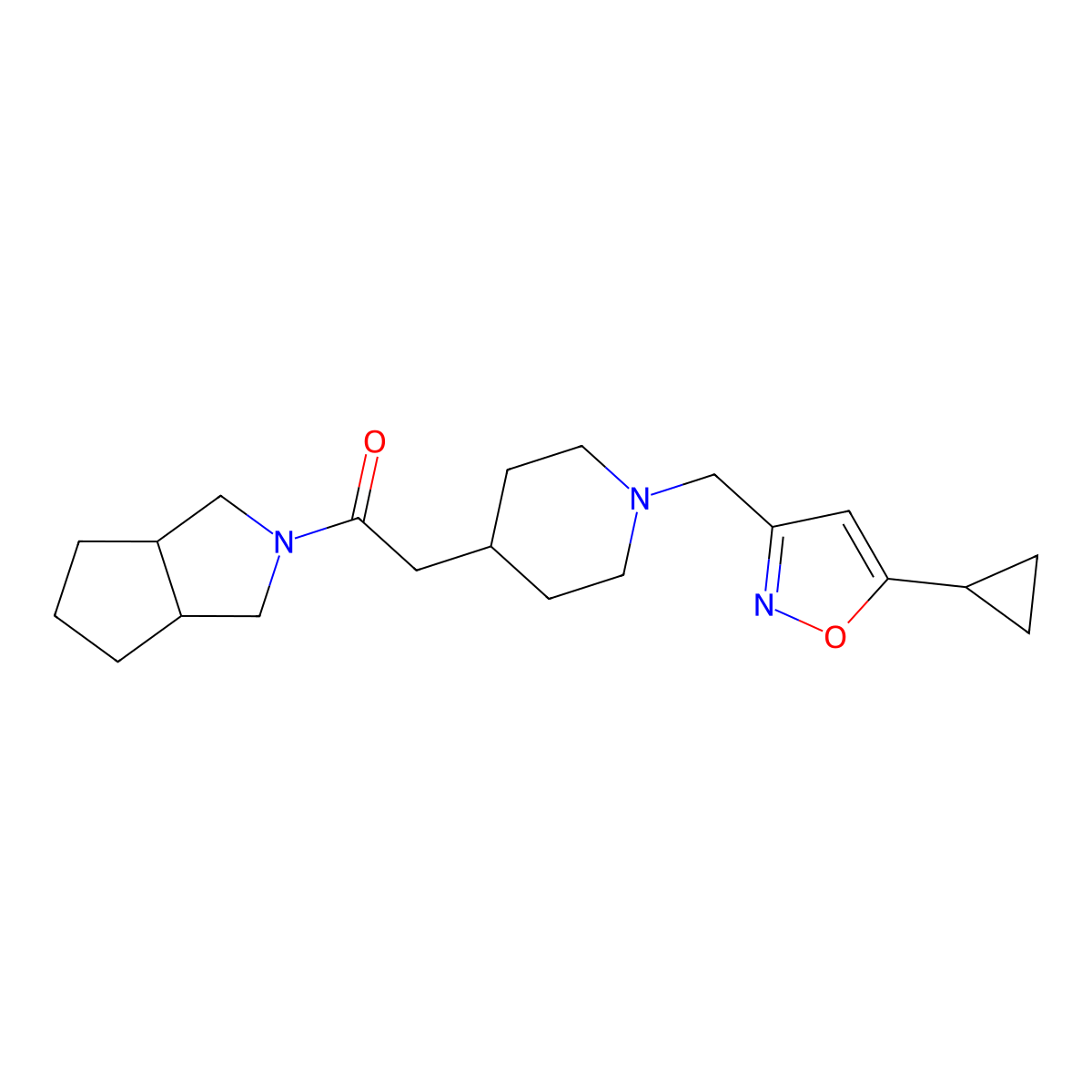 2-{1-[(5-Cyclopropyl-1,2-oxazol-3-yl)methyl]piperidin-4-yl}-1-{octahydrocyclopenta[c]pyrrol-2-yl}ethan-1-one molecular structure, CAS 3054549-28-6