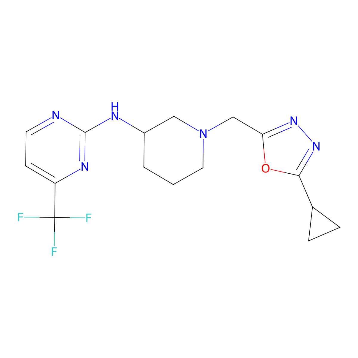 N-{1-[(5-cyclopropyl-1,3,4-oxadiazol-2-yl)methyl]piperidin-3-yl}-4-(trifluoromethyl)pyrimidin-2-amine molecular structure, CAS 3054549-31-1