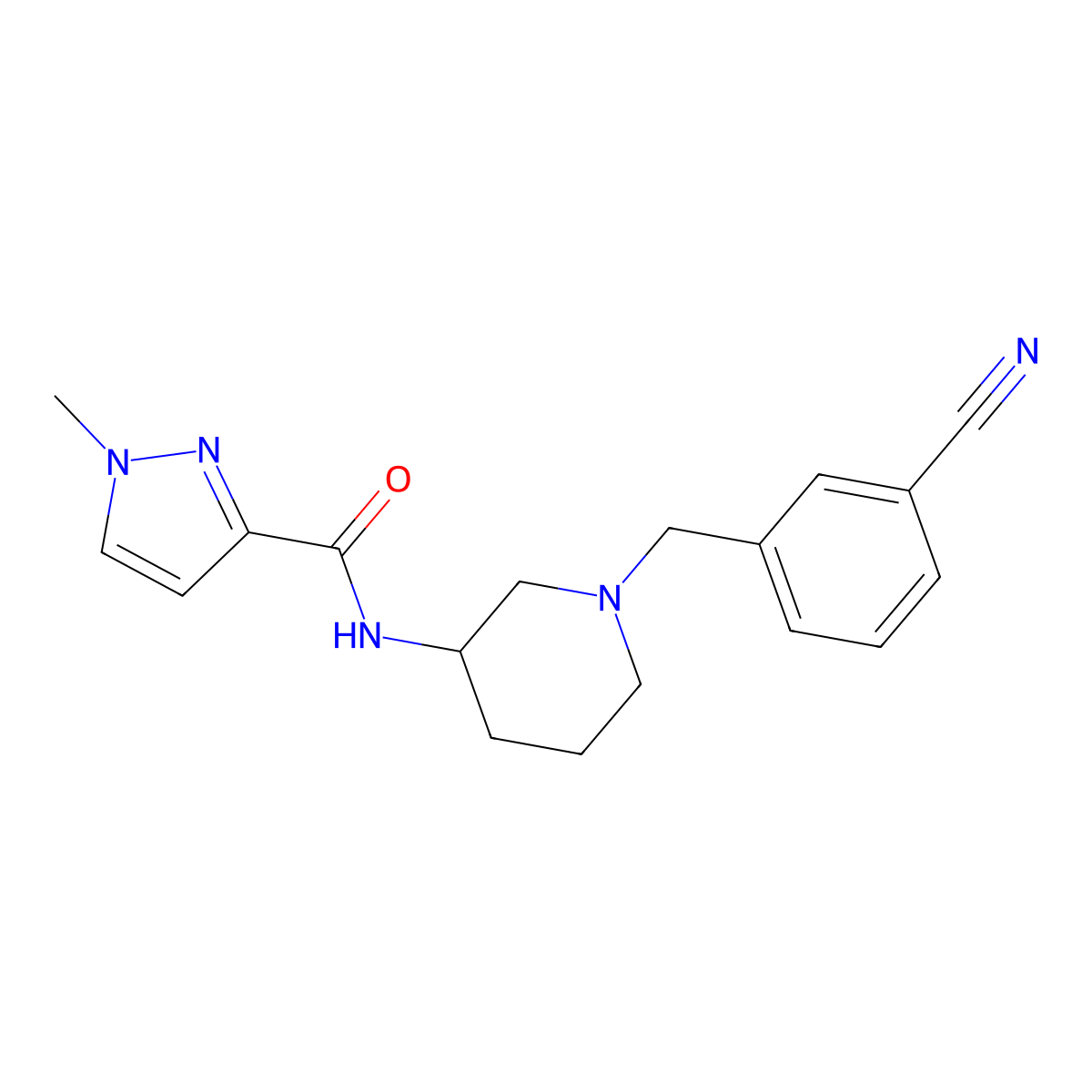 N-{1-[(3-cyanophenyl)methyl]piperidin-3-yl}-1-methyl-1H-pyrazole-3-carboxamide molecular structure, CAS 3054549-39-9