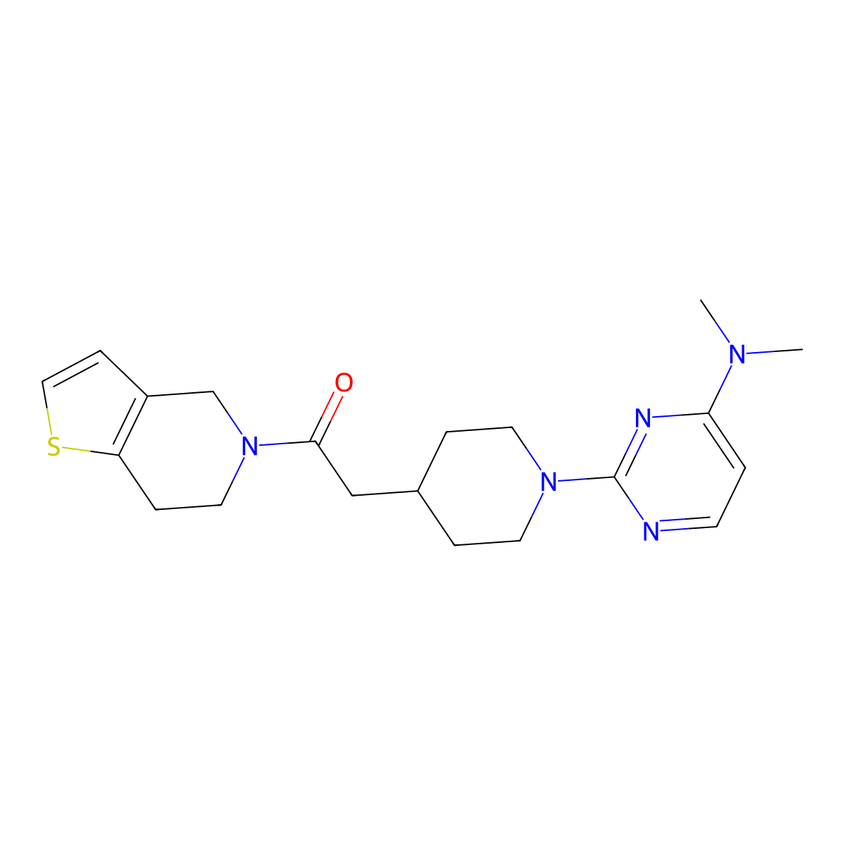 2-{1-[4-(dimethylamino)pyrimidin-2-yl]piperidin-4-yl}-1-{4H,5H,6H,7H-thieno[3,2-c]pyridin-5-yl}ethan-1-one molecular structure, CAS 3054549-41-3