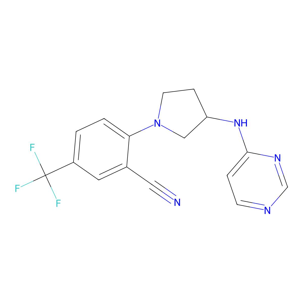 2-{3-[(Pyrimidin-4-yl)amino]pyrrolidin-1-yl}-5-(trifluoromethyl)benzonitrile molecular structure, CAS 3054549-44-6