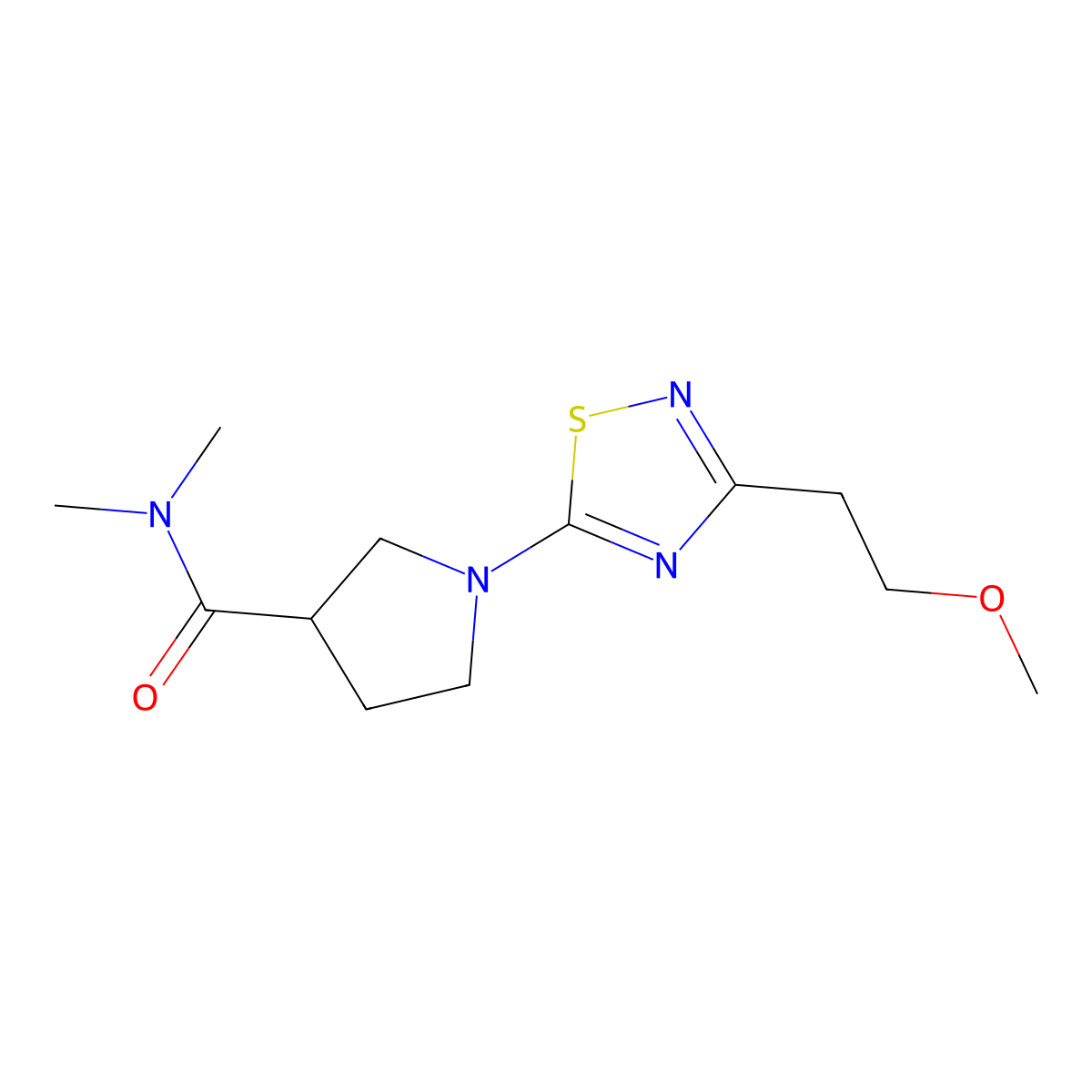 1-[3-(2-methoxyethyl)-1,2,4-thiadiazol-5-yl]-N,N-dimethylpyrrolidine-3-carboxamide molecular structure, CAS 3054549-48-0