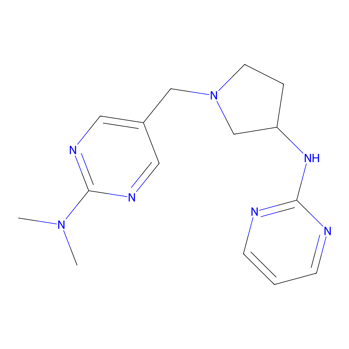N,N-dimethyl-5-({3-[(pyrimidin-2-yl)amino]pyrrolidin-1-yl}methyl)pyrimidin-2-amine molecular structure, CAS 3054549-49-1