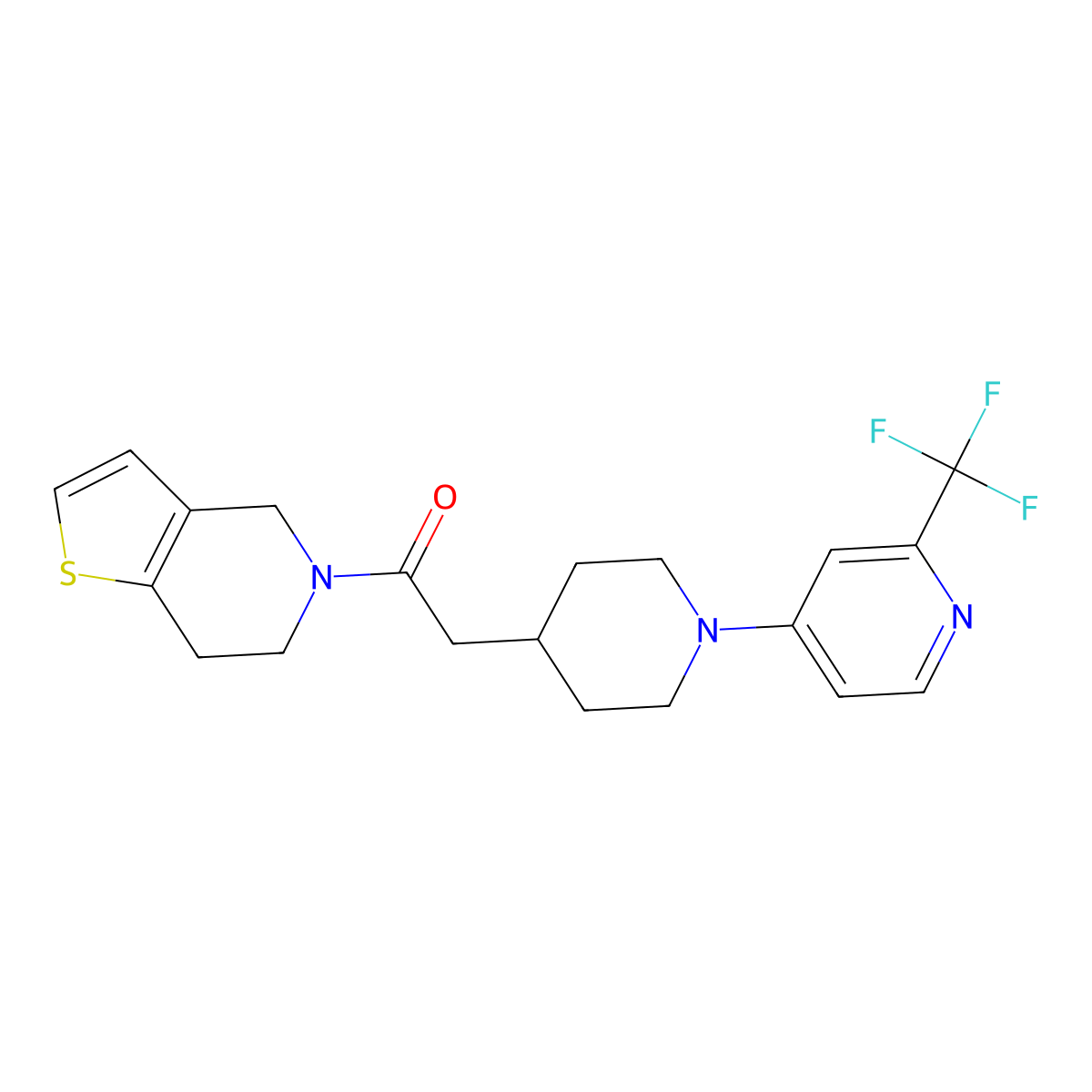 1-{4H,5H,6H,7H-thieno[3,2-c]pyridin-5-yl}-2-{1-[2-(trifluoromethyl)pyridin-4-yl]piperidin-4-yl}ethan-1-one molecular structure, CAS 3054549-50-4
