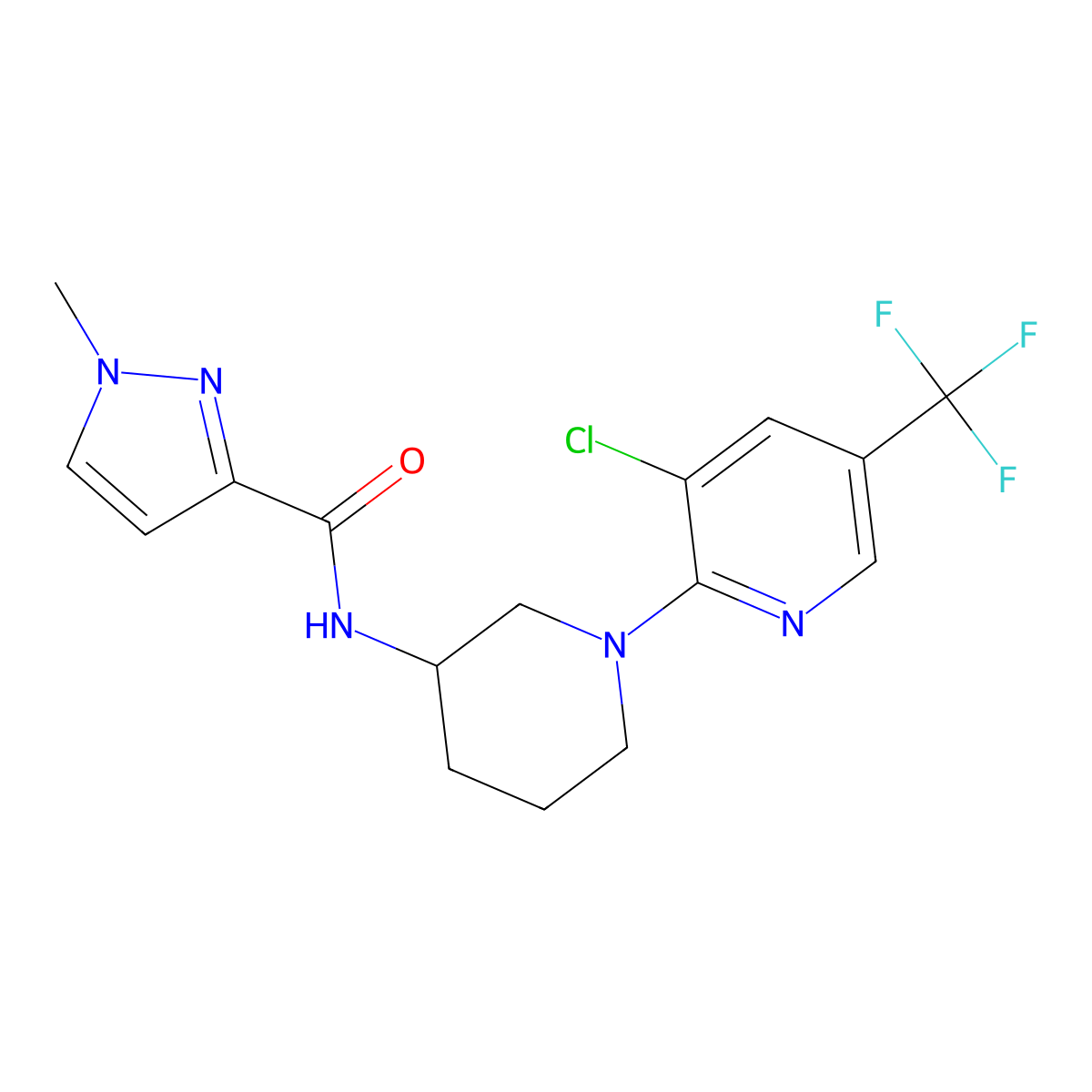 N-{1-[3-chloro-5-(trifluoromethyl)pyridin-2-yl]piperidin-3-yl}-1-methyl-1H-pyrazole-3-carboxamide molecular structure, CAS 3054549-51-5