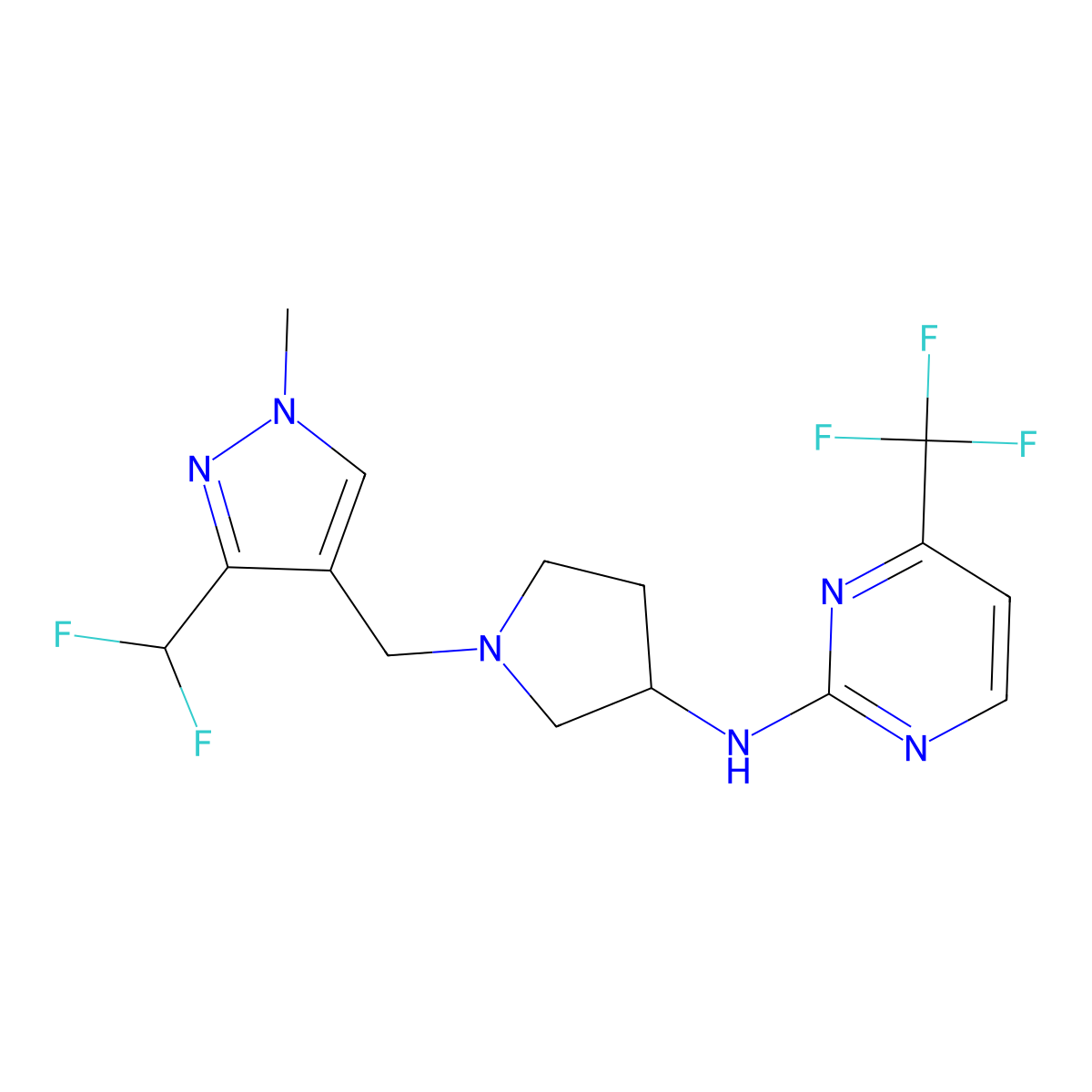 N-(1-{[3-(difluoromethyl)-1-methyl-1H-pyrazol-4-yl]methyl}pyrrolidin-3-yl)-4-(trifluoromethyl)pyrimidin-2-amine molecular structure, CAS 3054549-53-7