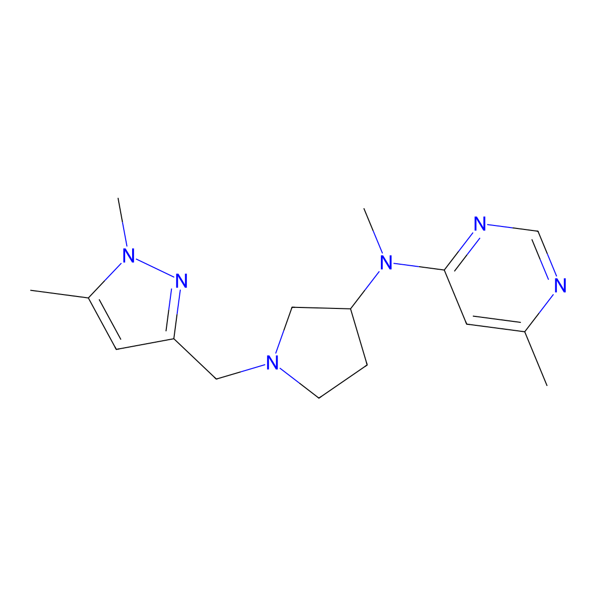 N-{1-[(1,5-dimethyl-1H-pyrazol-3-yl)methyl]pyrrolidin-3-yl}-N,6-dimethylpyrimidin-4-amine molecular structure, CAS 3054549-55-9