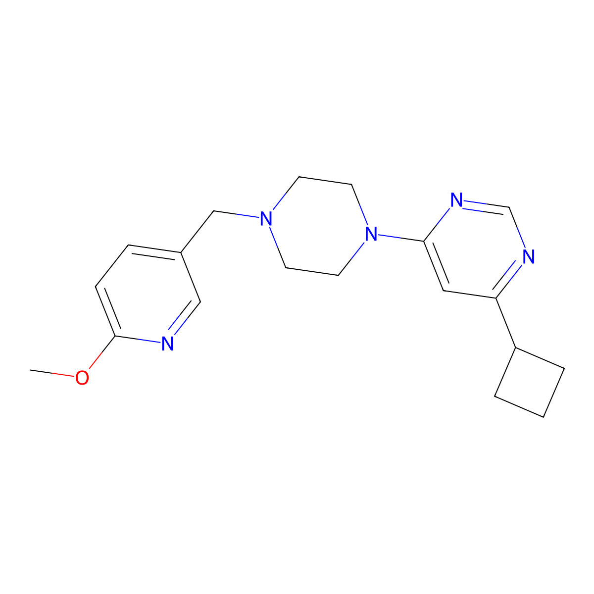 4-Cyclobutyl-6-{4-[(6-methoxypyridin-3-yl)methyl]piperazin-1-yl}pyrimidine molecular structure, CAS 3054549-62-8