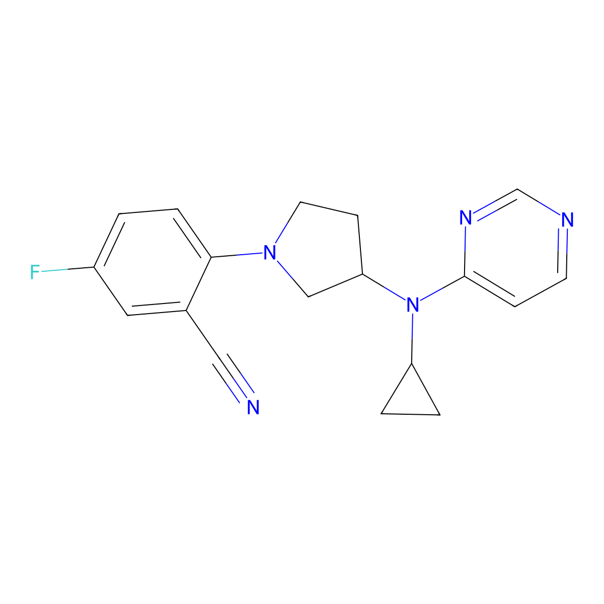 2-{3-[Cyclopropyl(pyrimidin-4-yl)amino]pyrrolidin-1-yl}-5-fluorobenzonitrile molecular structure, CAS 3054549-64-0
