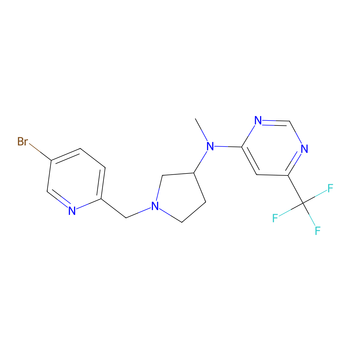 N-{1-[(5-bromopyridin-2-yl)methyl]pyrrolidin-3-yl}-N-methyl-6-(trifluoromethyl)pyrimidin-4-amine molecular structure, CAS 3054549-68-4
