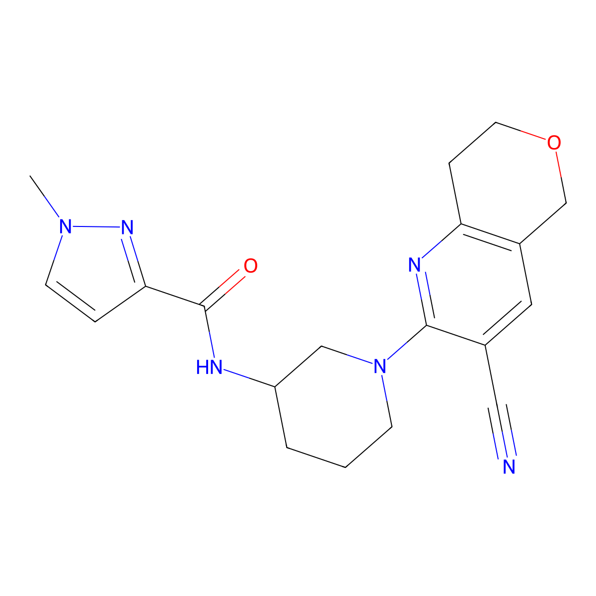 N-(1-{3-cyano-5H,7H,8H-pyrano[4,3-b]pyridin-2-yl}piperidin-3-yl)-1-methyl-1H-pyrazole-3-carboxamide molecular structure, CAS 3054549-76-4