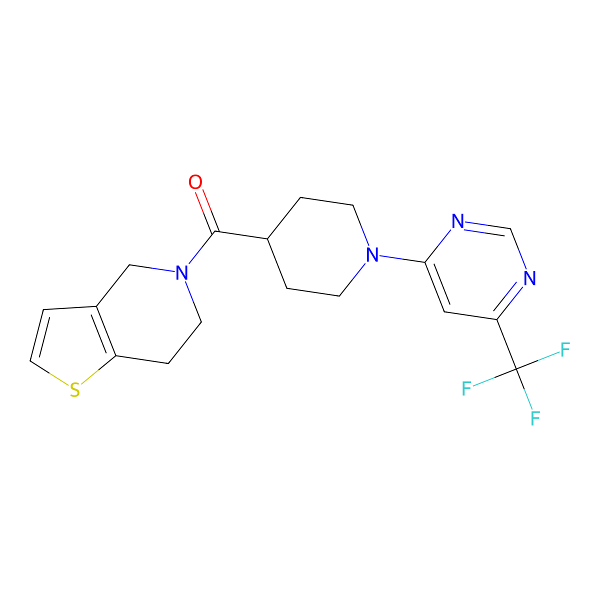 4-(4-{4H,5H,6H,7H-thieno[3,2-c]pyridine-5-carbonyl}piperidin-1-yl)-6-(trifluoromethyl)pyrimidine molecular structure, CAS 3054549-84-4