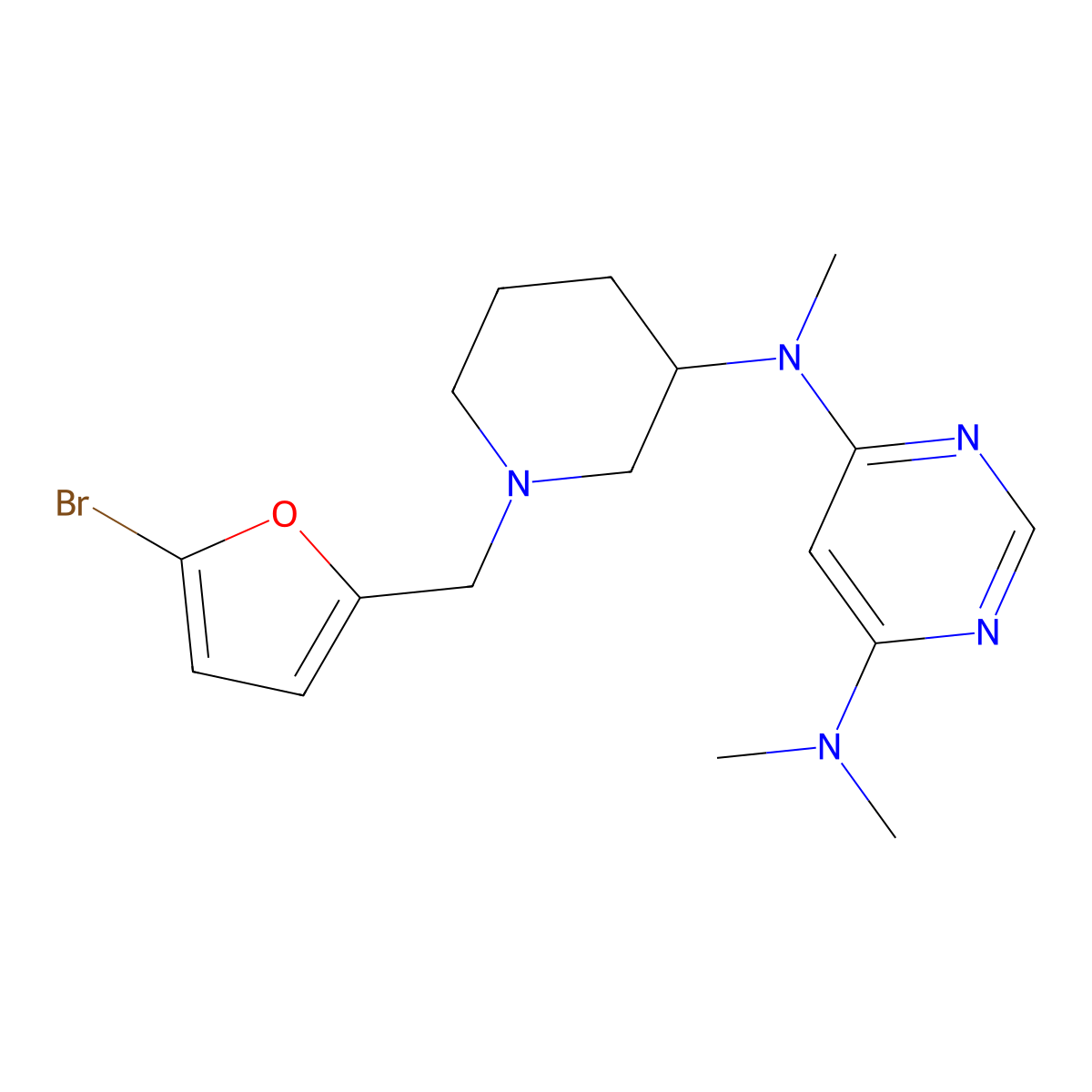 N4-{1-[(5-bromofuran-2-yl)methyl]piperidin-3-yl}-N4,N6,N6-trimethylpyrimidine-4,6-diamine molecular structure, CAS 3054549-87-7