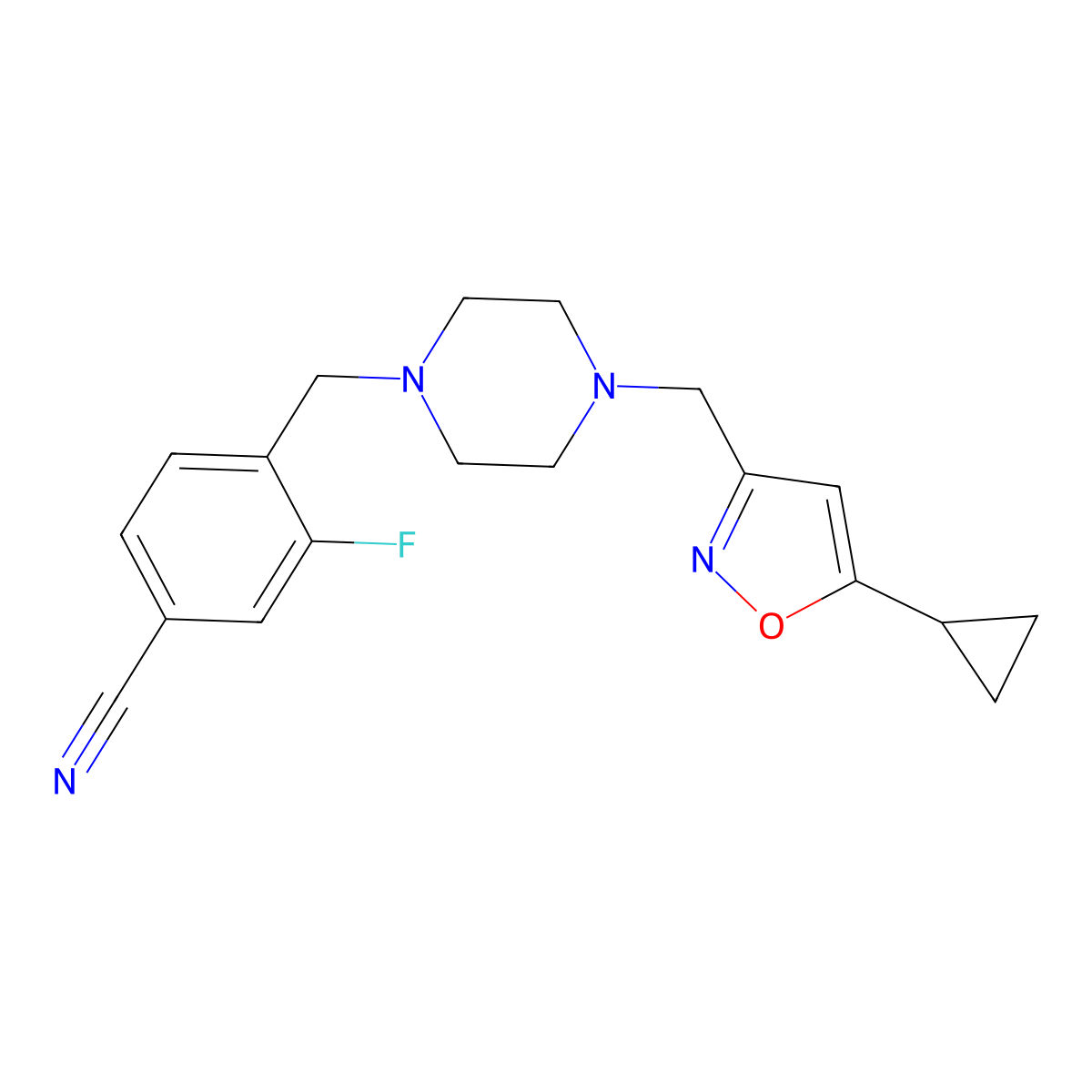 4-({4-[(5-Cyclopropyl-1,2-oxazol-3-yl)methyl]piperazin-1-yl}methyl)-3-fluorobenzonitrile molecular structure, CAS 3054549-89-9