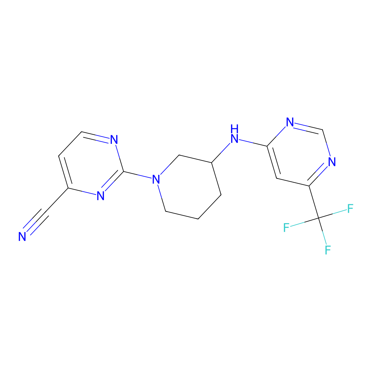 2-(3-{[6-(Trifluoromethyl)pyrimidin-4-yl]amino}piperidin-1-yl)pyrimidine-4-carbonitrile molecular structure, CAS 3054549-90-2