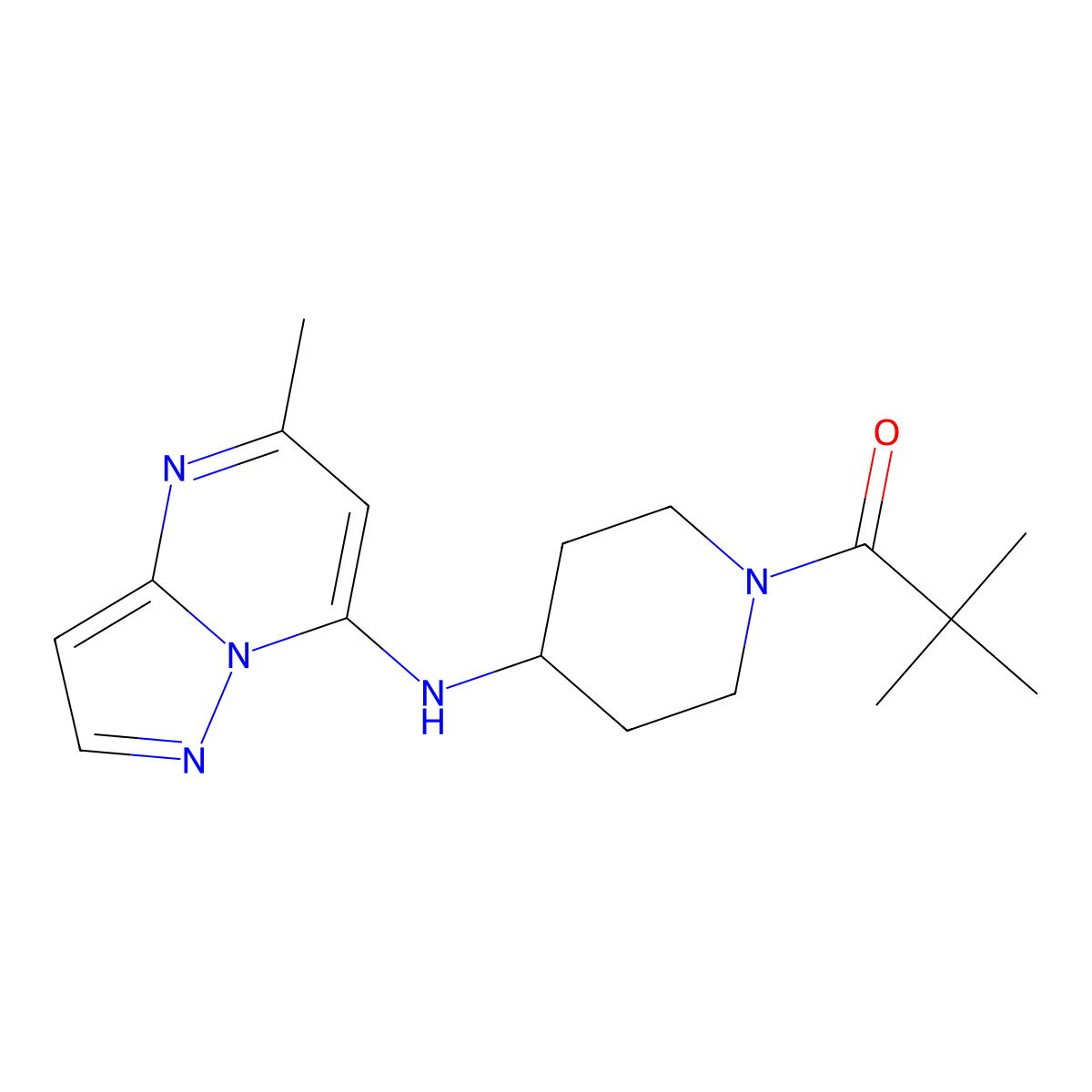 2,2-Dimethyl-1-[4-({5-methylpyrazolo[1,5-a]pyrimidin-7-yl}amino)piperidin-1-yl]propan-1-one molecular structure, CAS 3054549-94-6