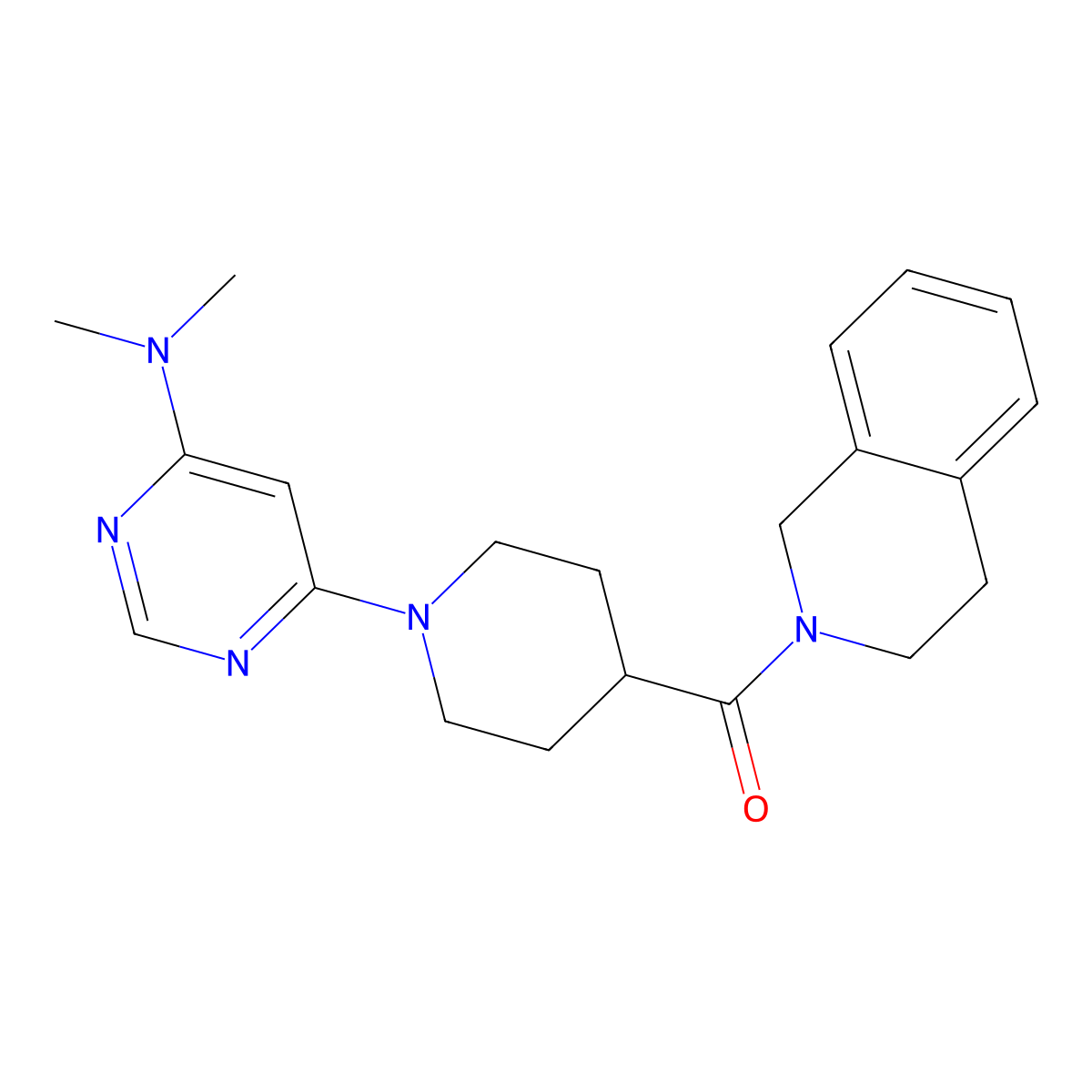 N,N-dimethyl-6-[4-(1,2,3,4-tetrahydroisoquinoline-2-carbonyl)piperidin-1-yl]pyrimidin-4-amine molecular structure, CAS 3054550-00-1
