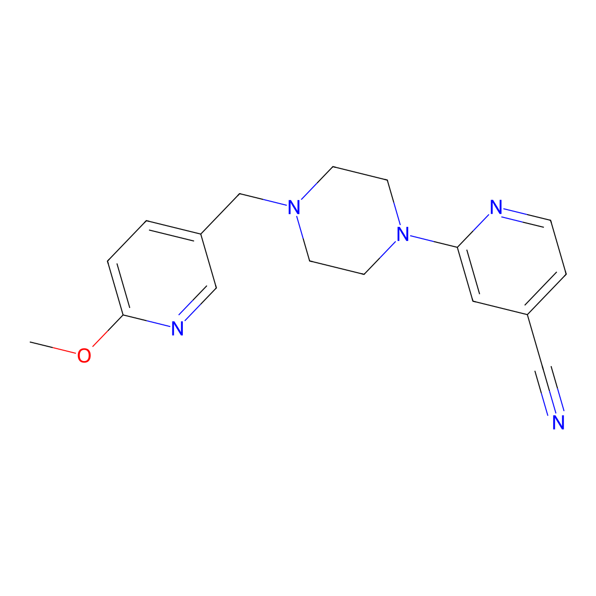 2-{4-[(6-Methoxypyridin-3-yl)methyl]piperazin-1-yl}pyridine-4-carbonitrile molecular structure, CAS 3054550-06-7
