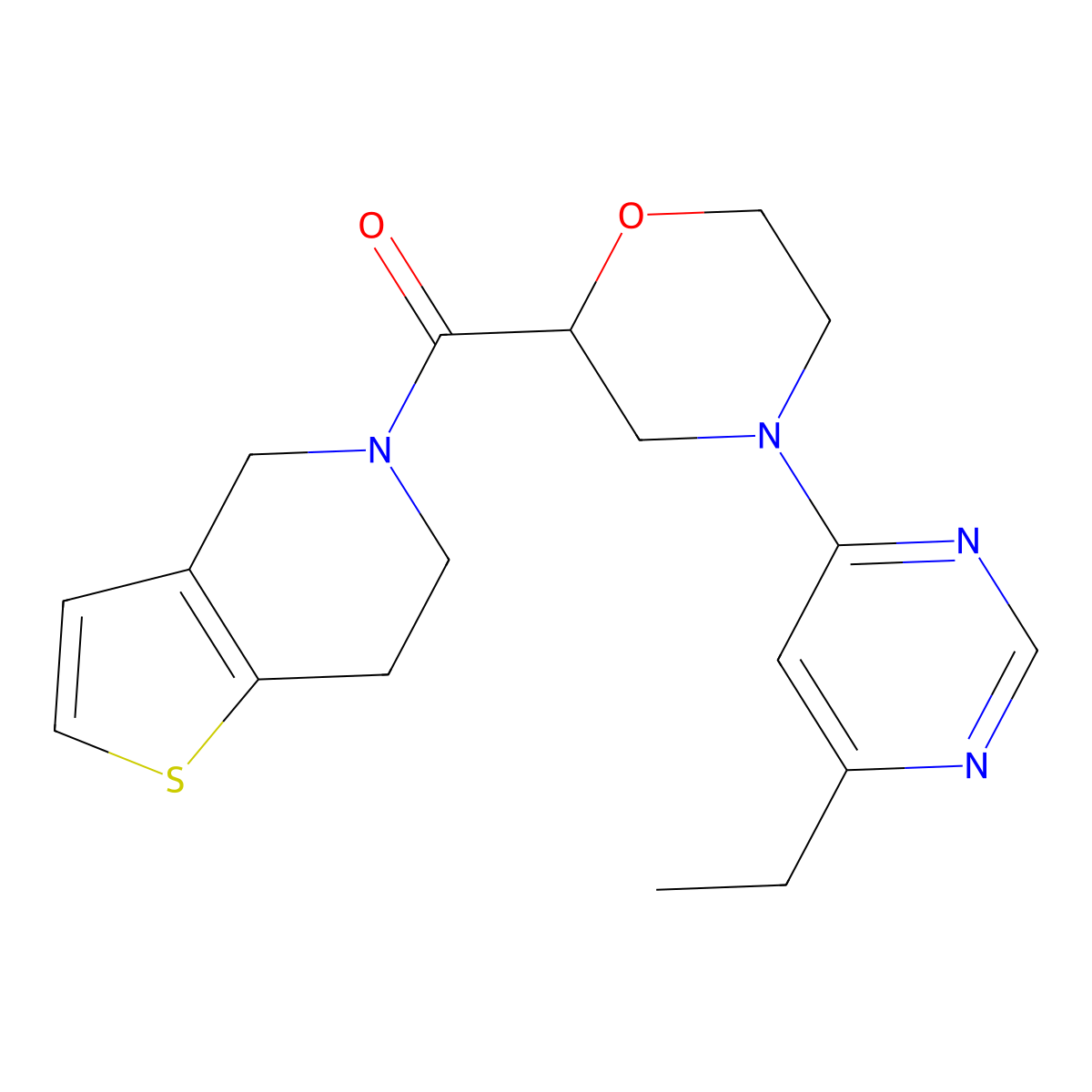 4-(6-ethylpyrimidin-4-yl)-2-{4H,5H,6H,7H-thieno[3,2-c]pyridine-5-carbonyl}morpholine molecular structure, CAS 3054550-11-4
