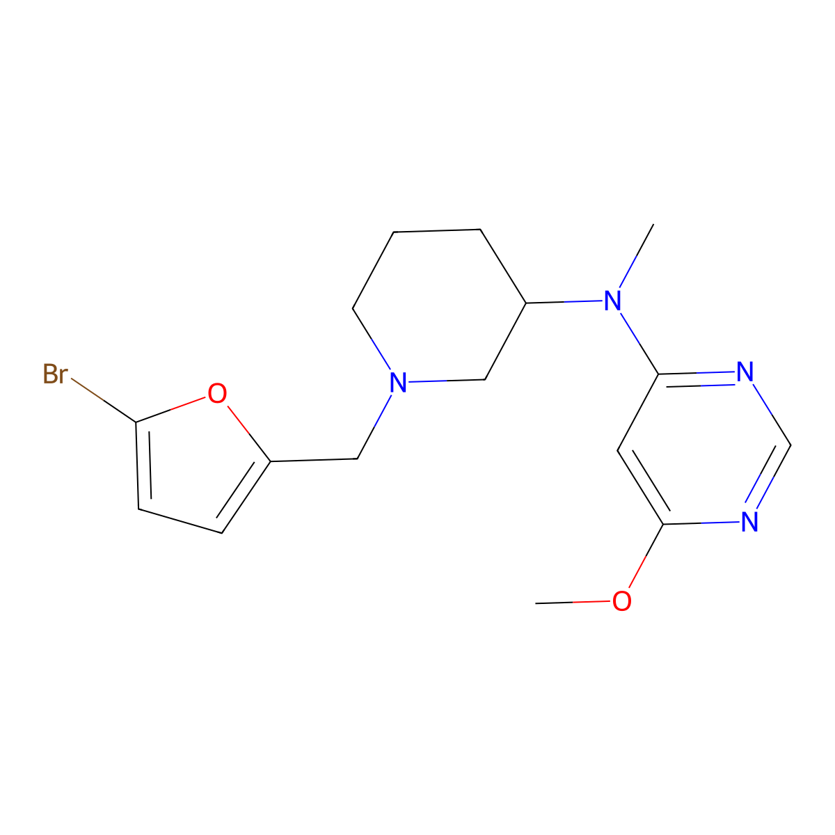 N-{1-[(5-bromofuran-2-yl)methyl]piperidin-3-yl}-6-methoxy-N-methylpyrimidin-4-amine molecular structure, CAS 3054550-31-8
