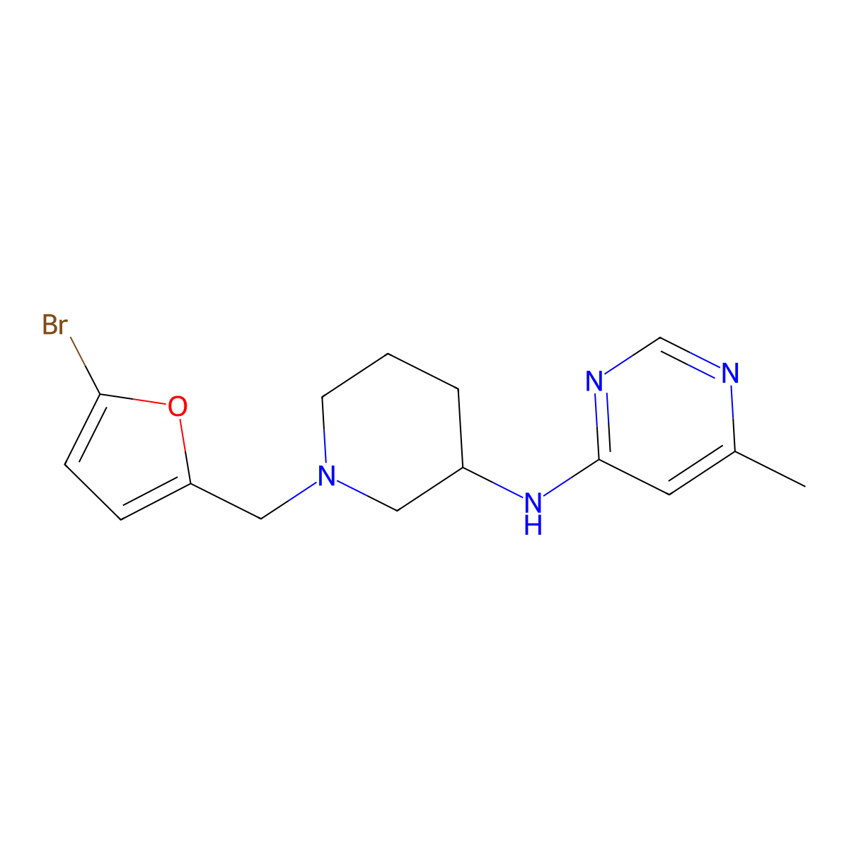 N-{1-[(5-bromofuran-2-yl)methyl]piperidin-3-yl}-6-methylpyrimidin-4-amine molecular structure, CAS 3054550-39-6