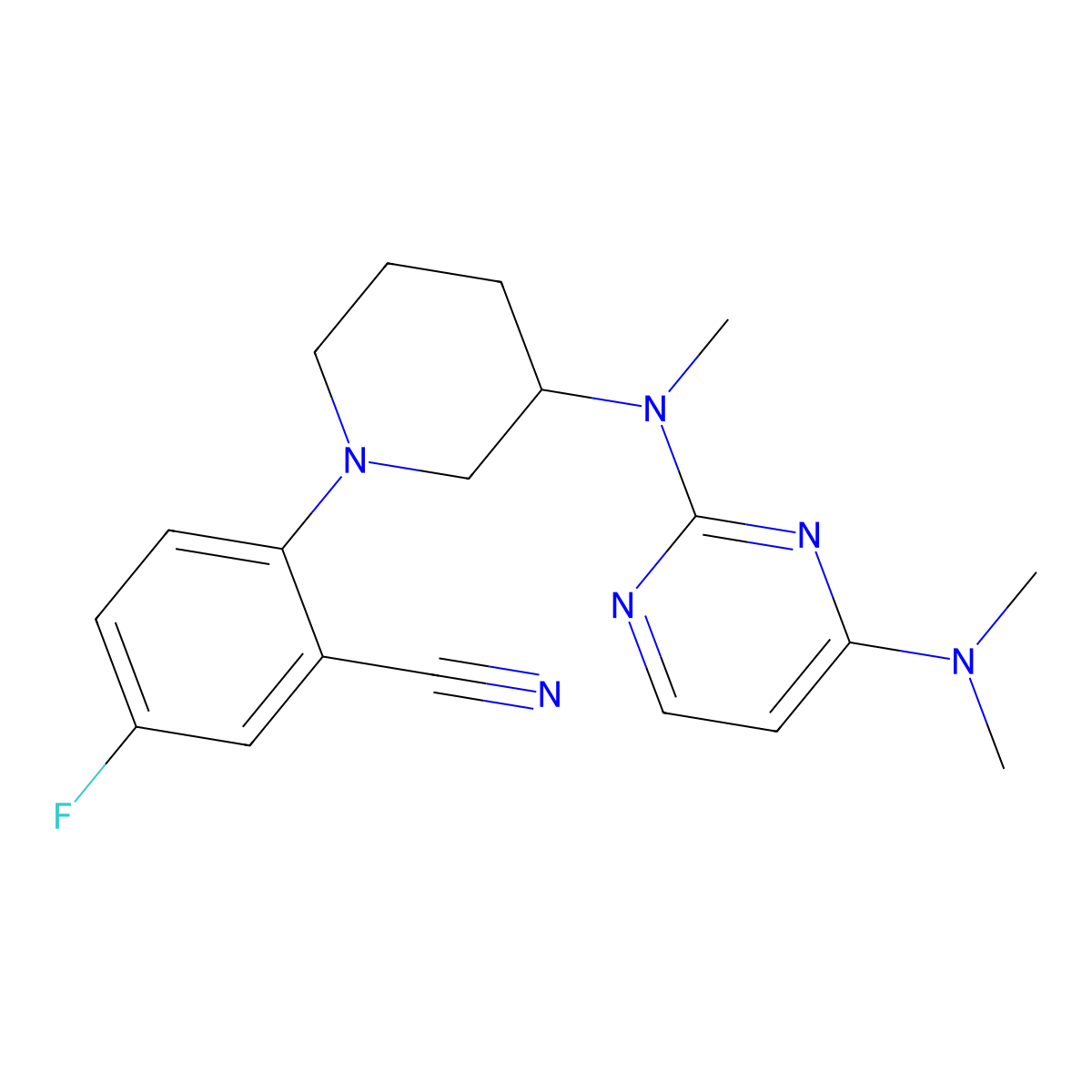 2-(3-{[4-(Dimethylamino)pyrimidin-2-yl](methyl)amino}piperidin-1-yl)-5-fluorobenzonitrile molecular structure, CAS 3054550-43-2