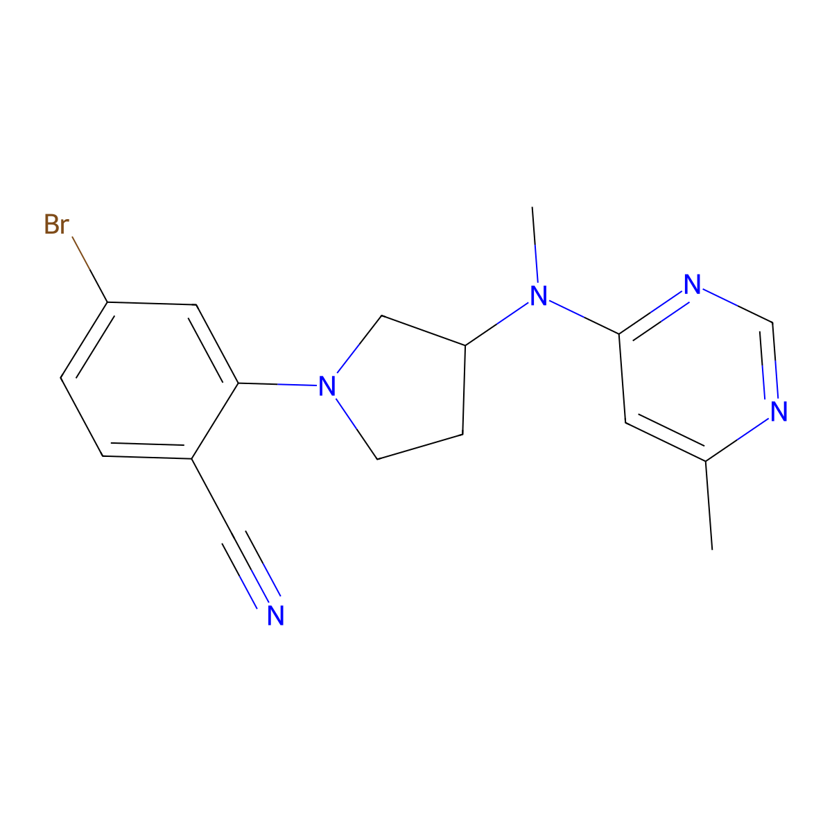 4-Bromo-2-{3-[methyl(6-methylpyrimidin-4-yl)amino]pyrrolidin-1-yl}benzonitrile molecular structure, CAS 3054550-58-9