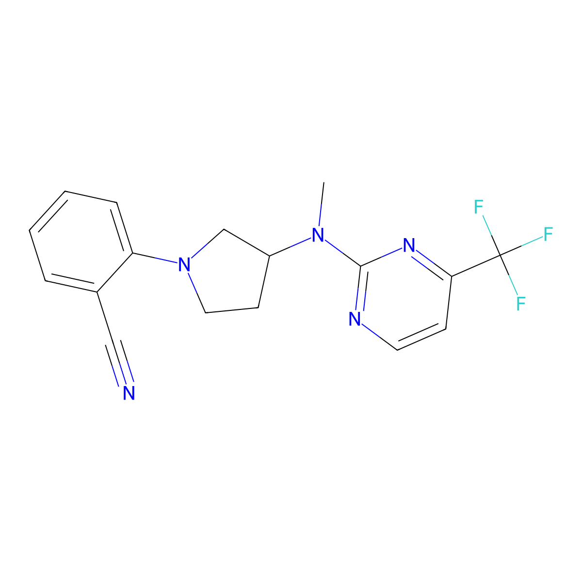 2-(3-{Methyl[4-(trifluoromethyl)pyrimidin-2-yl]amino}pyrrolidin-1-yl)benzonitrile molecular structure, CAS 3054550-64-7