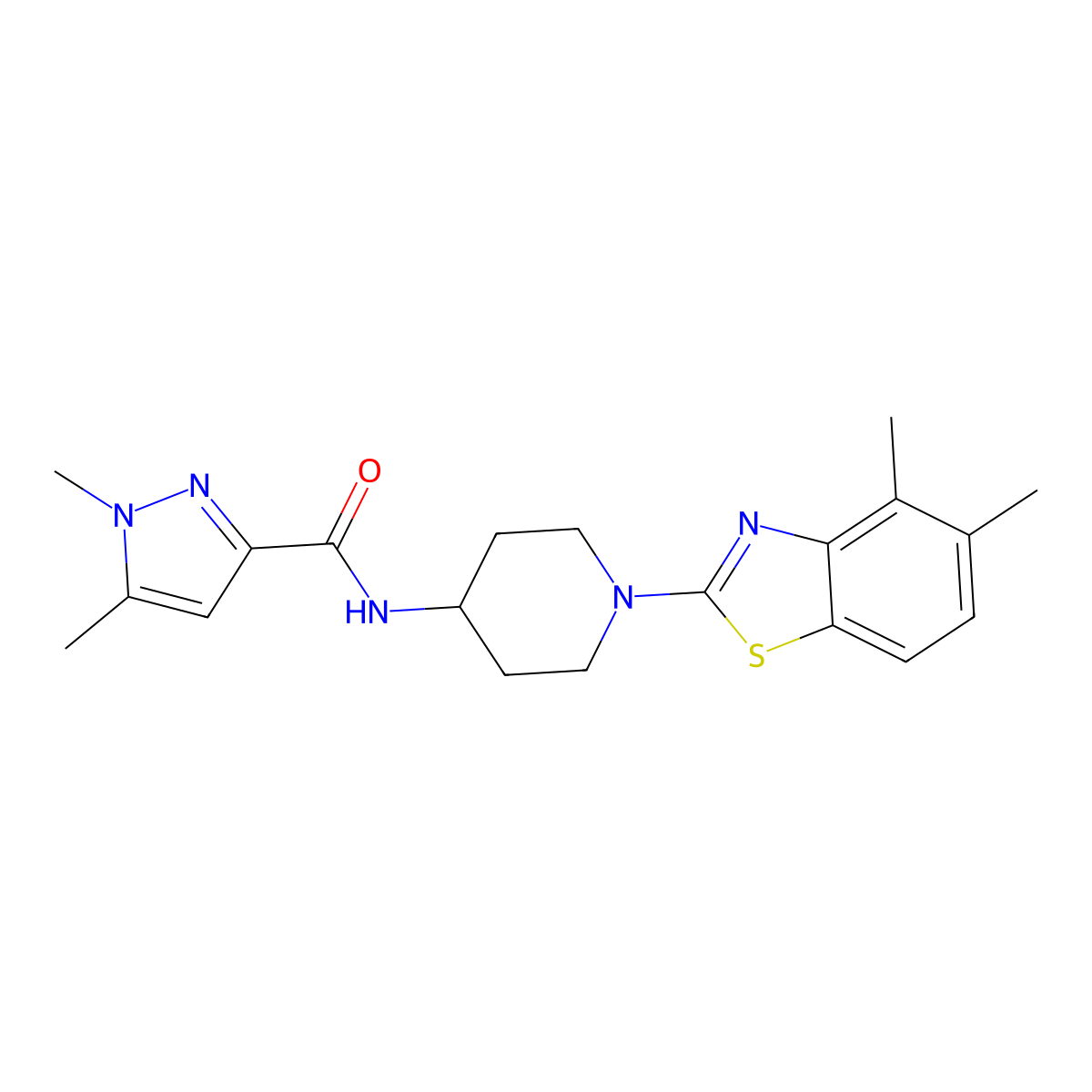 N-[1-(4,5-dimethyl-1,3-benzothiazol-2-yl)piperidin-4-yl]-1,5-dimethyl-1H-pyrazole-3-carboxamide molecular structure, CAS 3054550-67-0