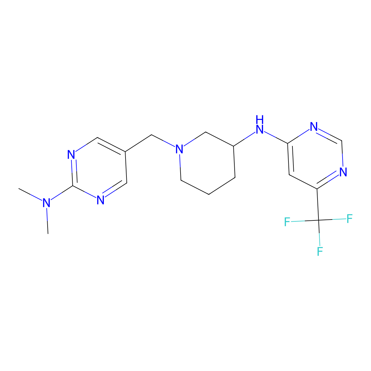 N,N-dimethyl-5-[(3-{[6-(trifluoromethyl)pyrimidin-4-yl]amino}piperidin-1-yl)methyl]pyrimidin-2-amine molecular structure, CAS 3054550-69-2