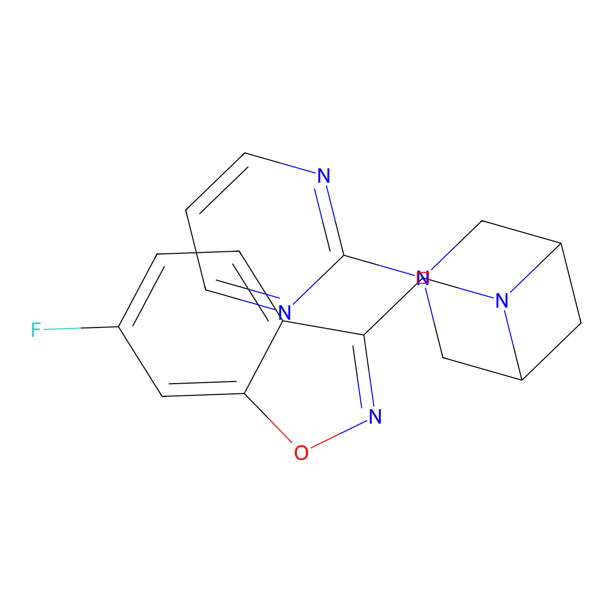 6-Fluoro-3-{[3-(pyrimidin-2-yl)-3,6-diazabicyclo[3.1.1]heptan-6-yl]methyl}-1,2-benzoxazole molecular structure, CAS 3054550-81-8